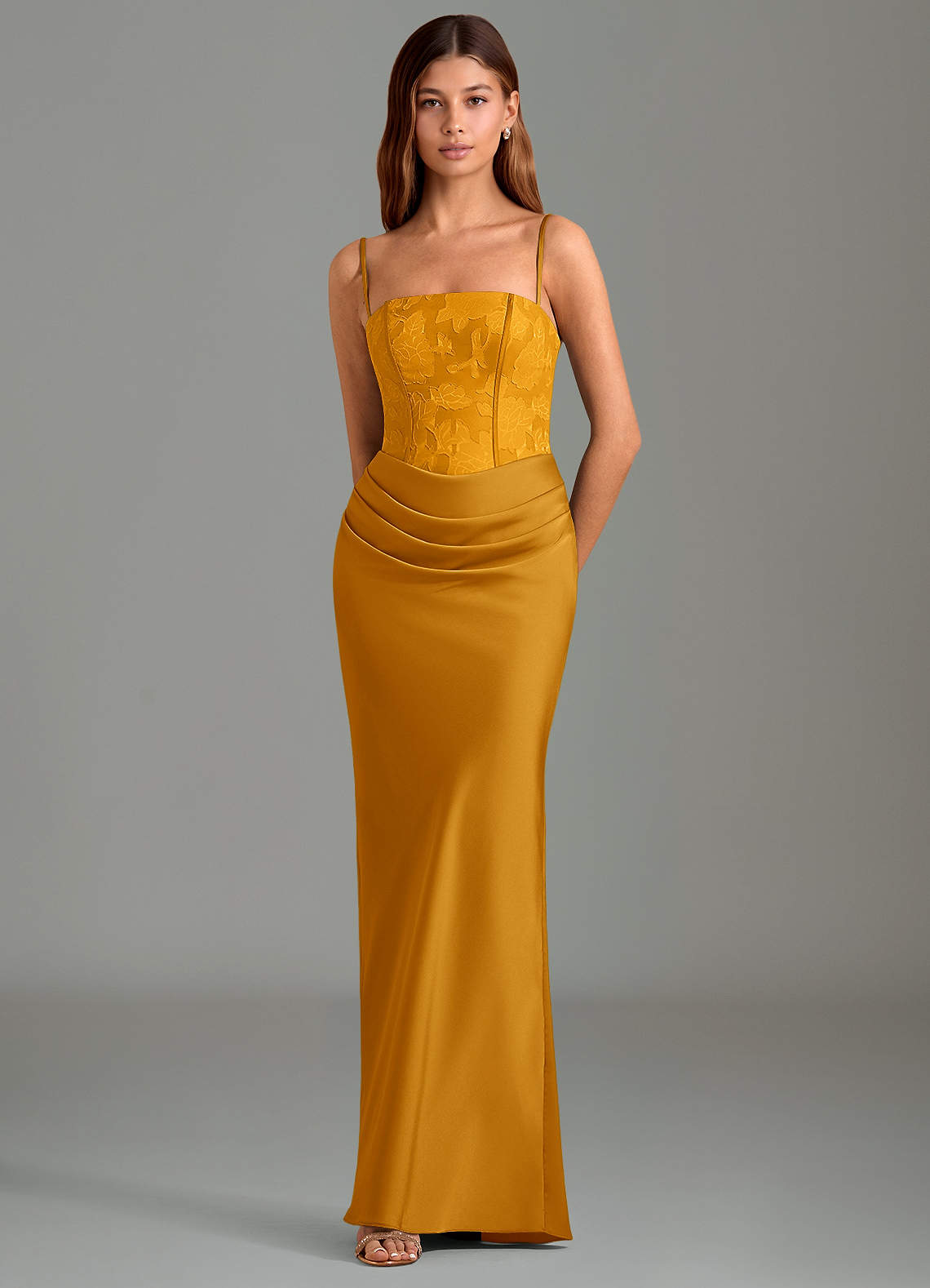 Emilia Mermaid Strapless Stretch Satin and Floral Burnout Bridesmaid Dress in butterscotch
