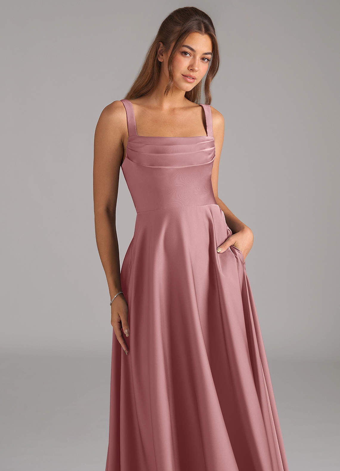 Shaude A-Line Square-Neck Stretch Satin Bridesmaid Dress in dusty rose
