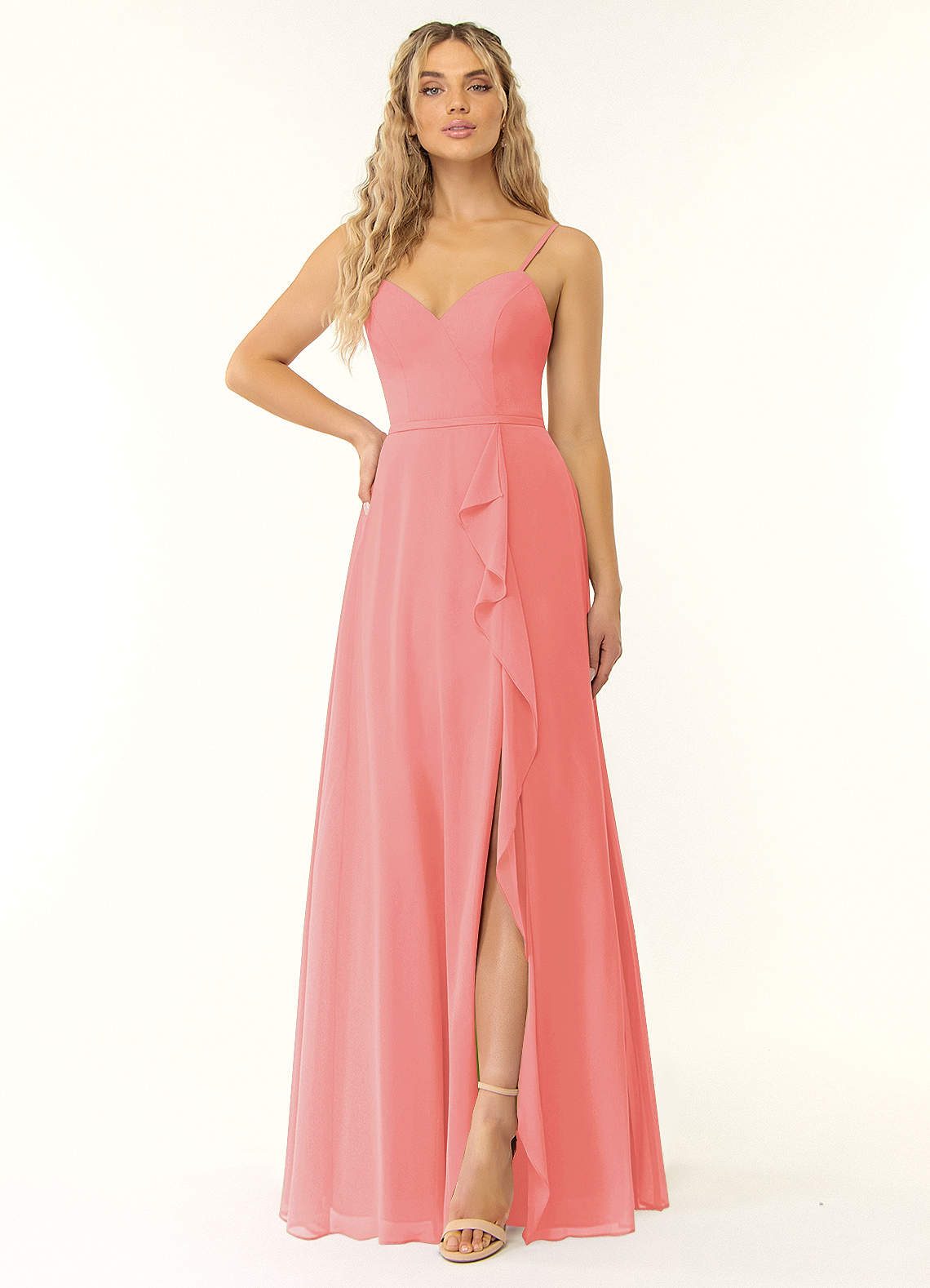 Naeem A-Line V-Neck Chiffon Bridesmaid Dress in Coral