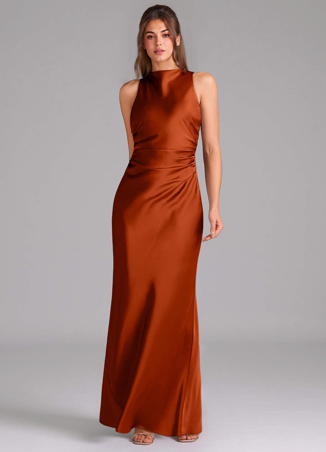 Evadne Sheath Scoop-Neck Stretch Satin Bridesmaid Dress in Paprika
