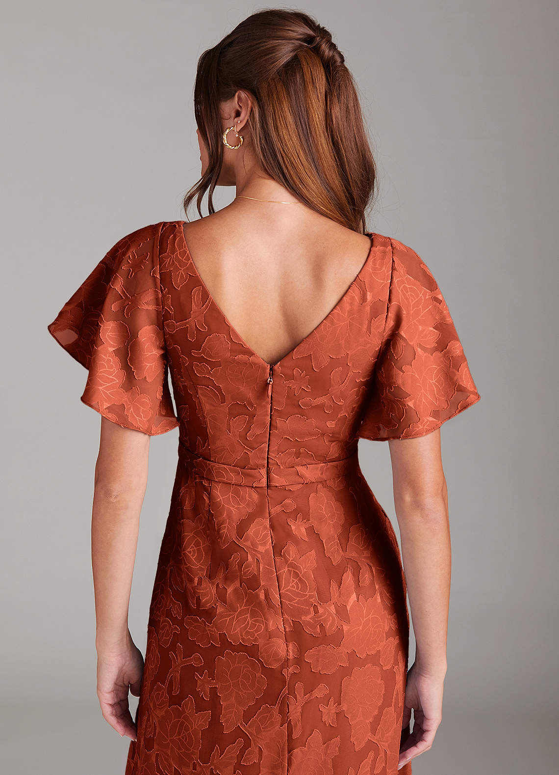 Ambrosia A-Line V-Neck Floral Burnout Bridesmaid Dress in Auburn