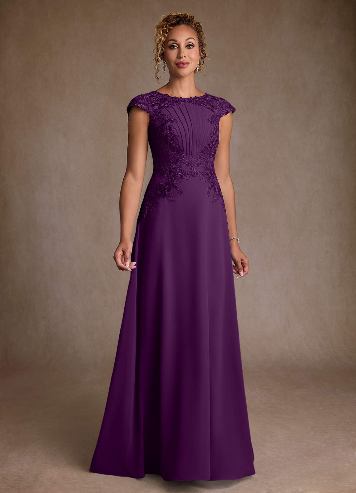 Christi A-Line Scoop-Neck Chiffon and Lace Mother of the Bride Dress in Grape