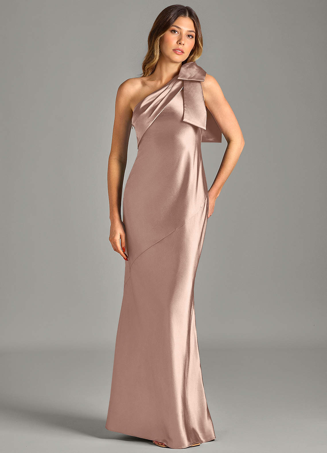 Yuanna Mermaid One-Shoulder Metallic Satin Bridesmaid Dress in Taupe