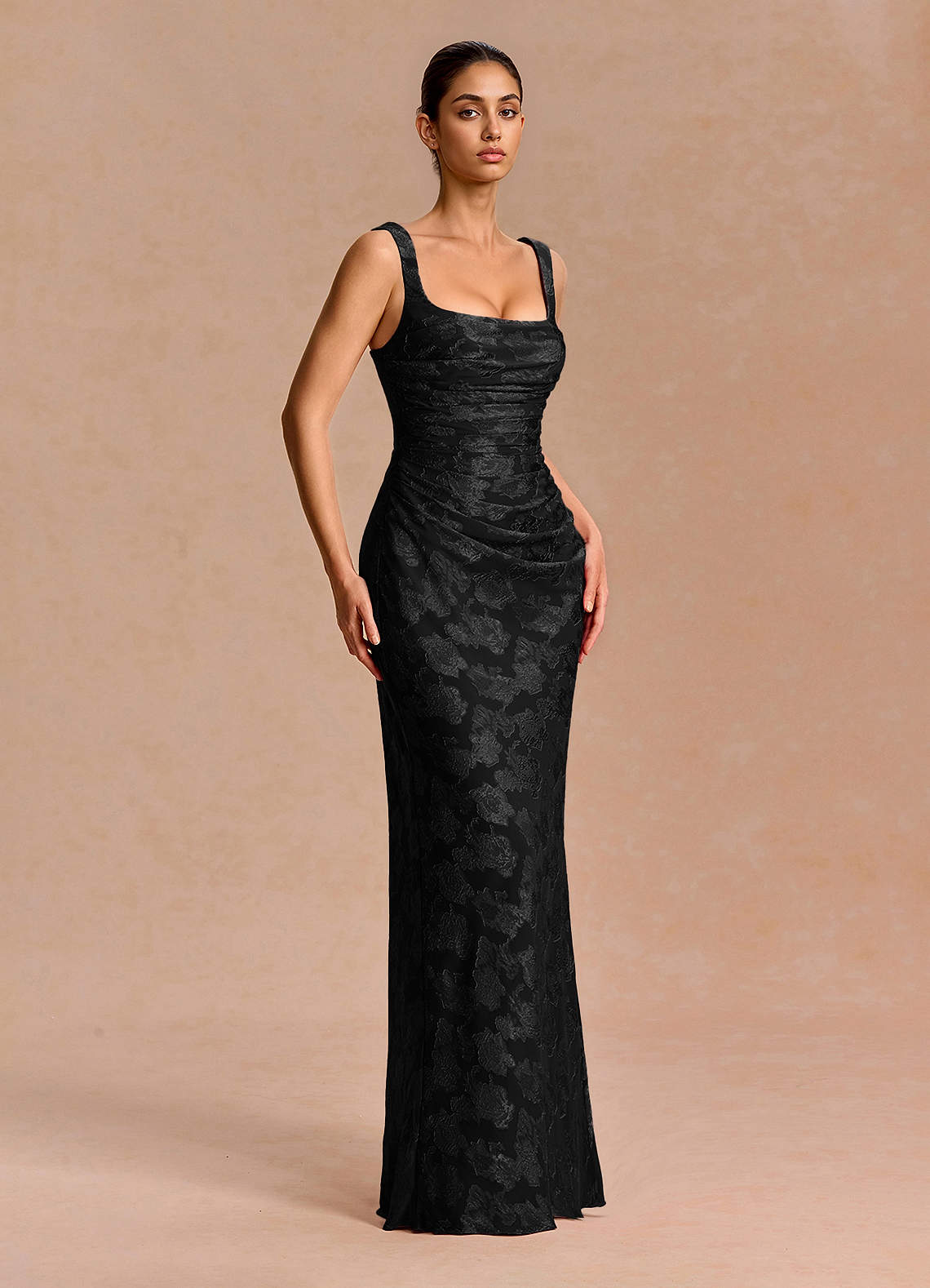 Agustina Square-Neck Pleated Fil Coupé Evening Dress in Black