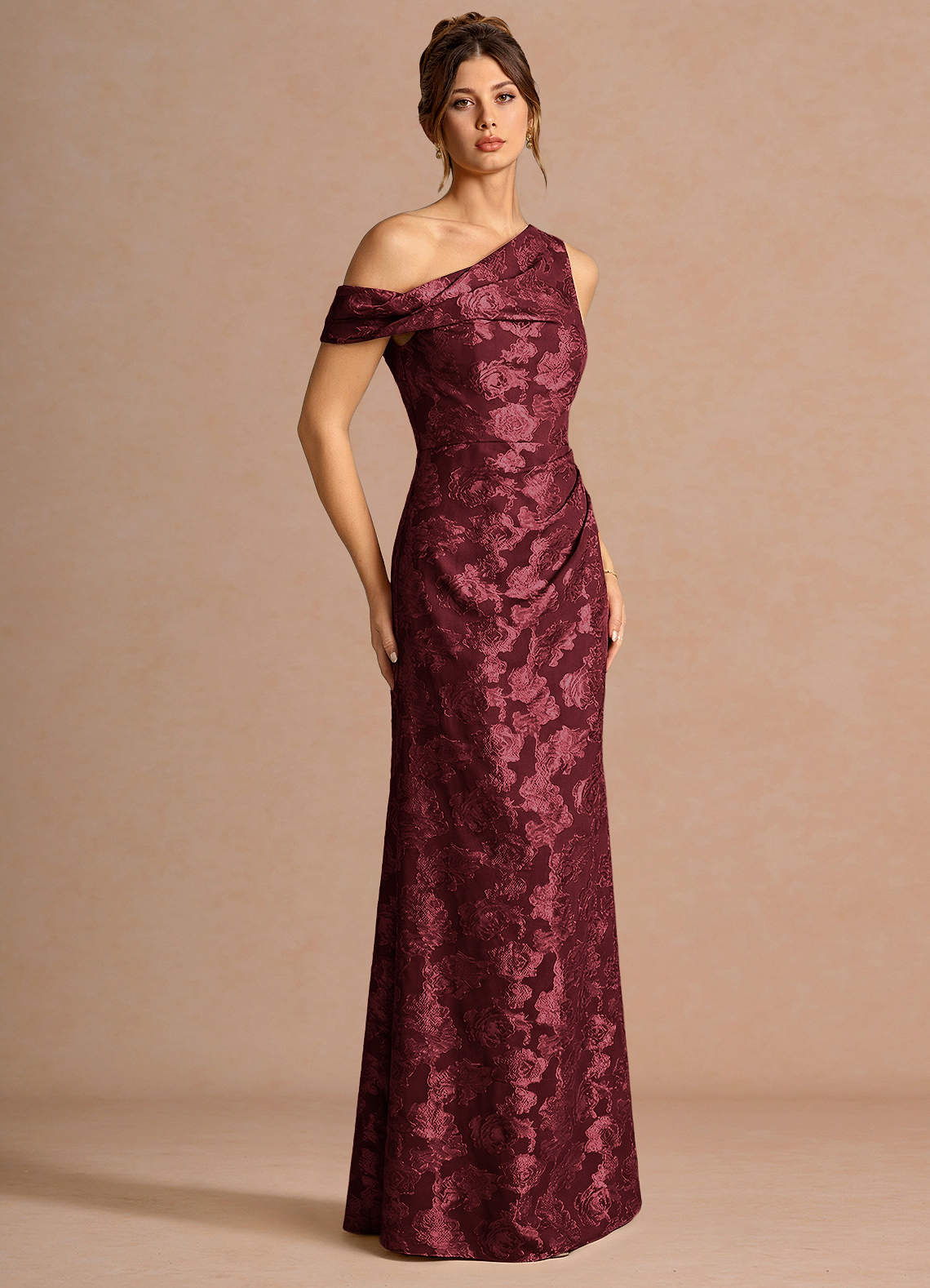 Kismet Mermaid One-Shoulder Fil Coupé Wedding Guest Dress in Wine