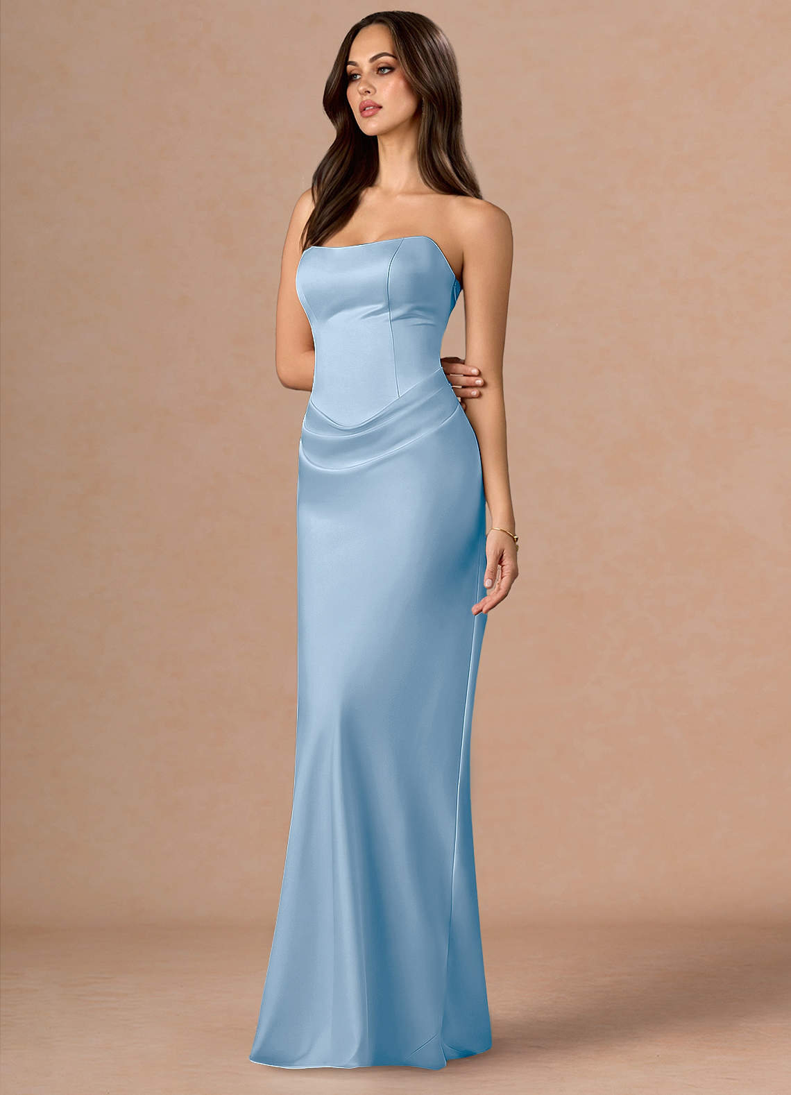 Valencia Scarf Lace-Up Stretch Satin Evening Dress in Haze blue