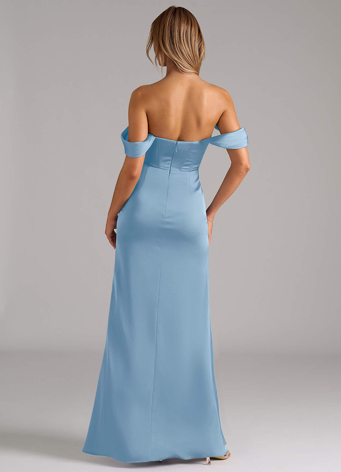 Johana Mermaid Off-the-Shoulder Stretch Satin Bridesmaid Dress in Powder Blue