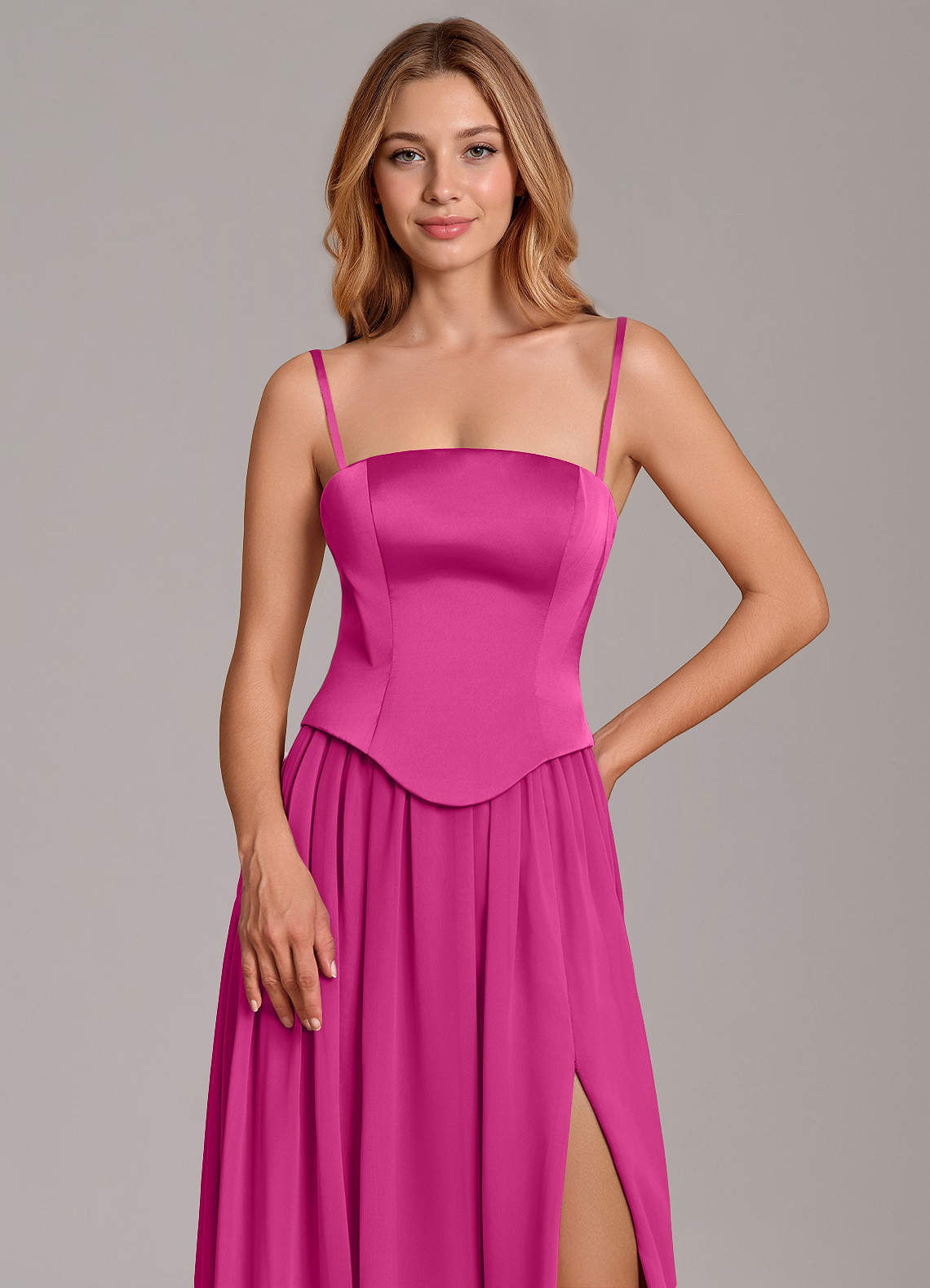 Cadence A-Line Strapless Chiffon and Stretch Satin Bridesmaid Dress in Fuchsia
