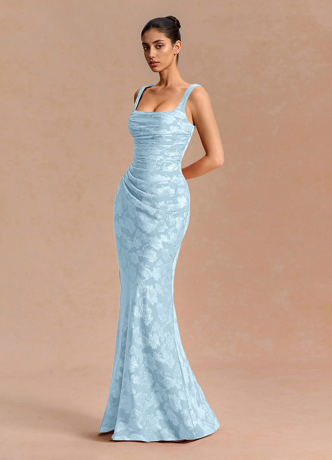 Agustina Square-Neck Pleated Fil Coupé Evening Dress in Powder Blue