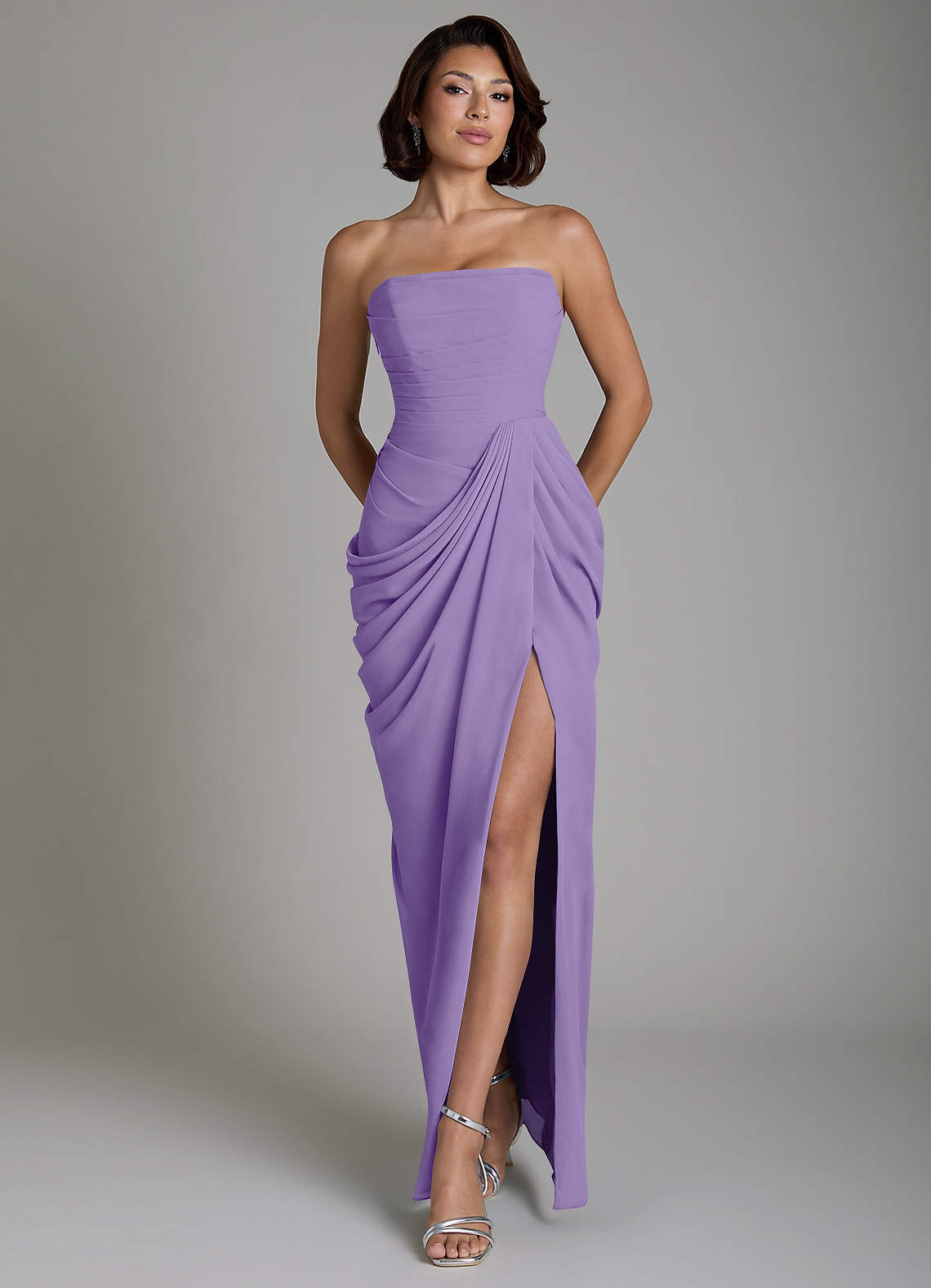 Nyra Sheath Strapless Chiffon Bridesmaid Dress in Tahiti