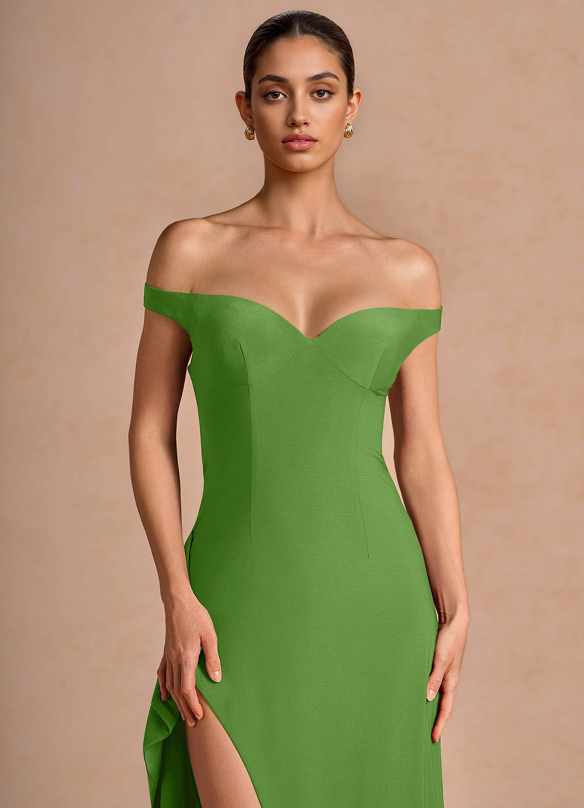 Jasira Sheath V-Neck Stretch Knit Evening Dress in Olive