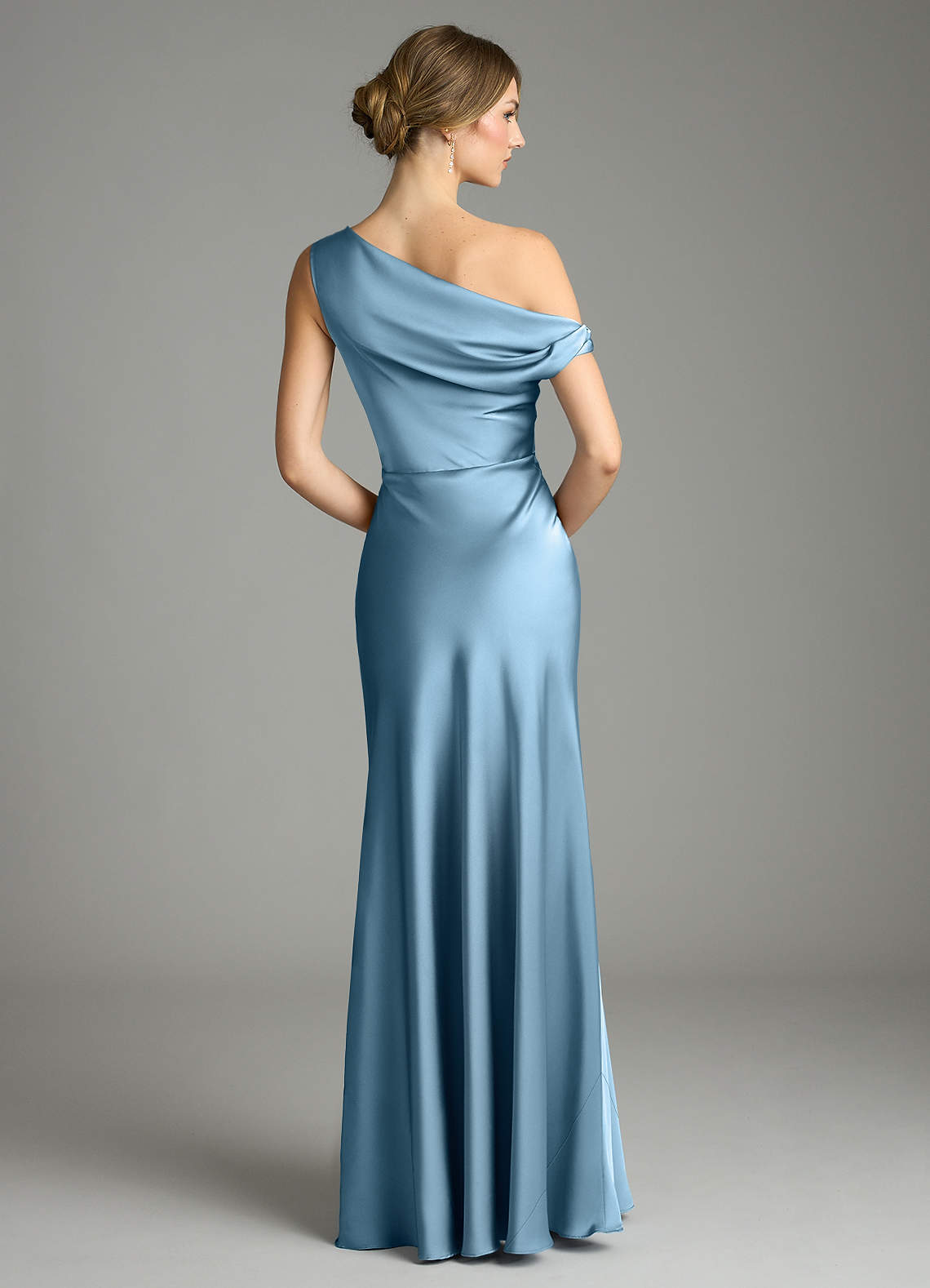 Emerson Mermaid One-Shoulder Stretch Satin Bridesmaid Dress in Steel Blue
