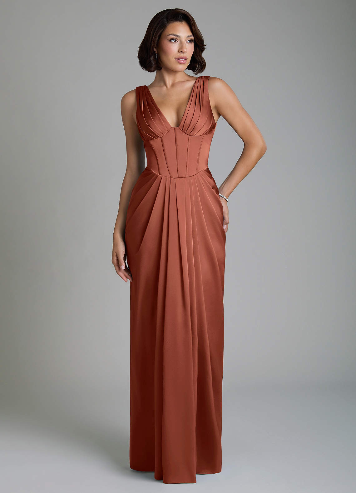 Vanya Sheath V-Neck Stretch Satin Bridesmaid Dress in Auburn