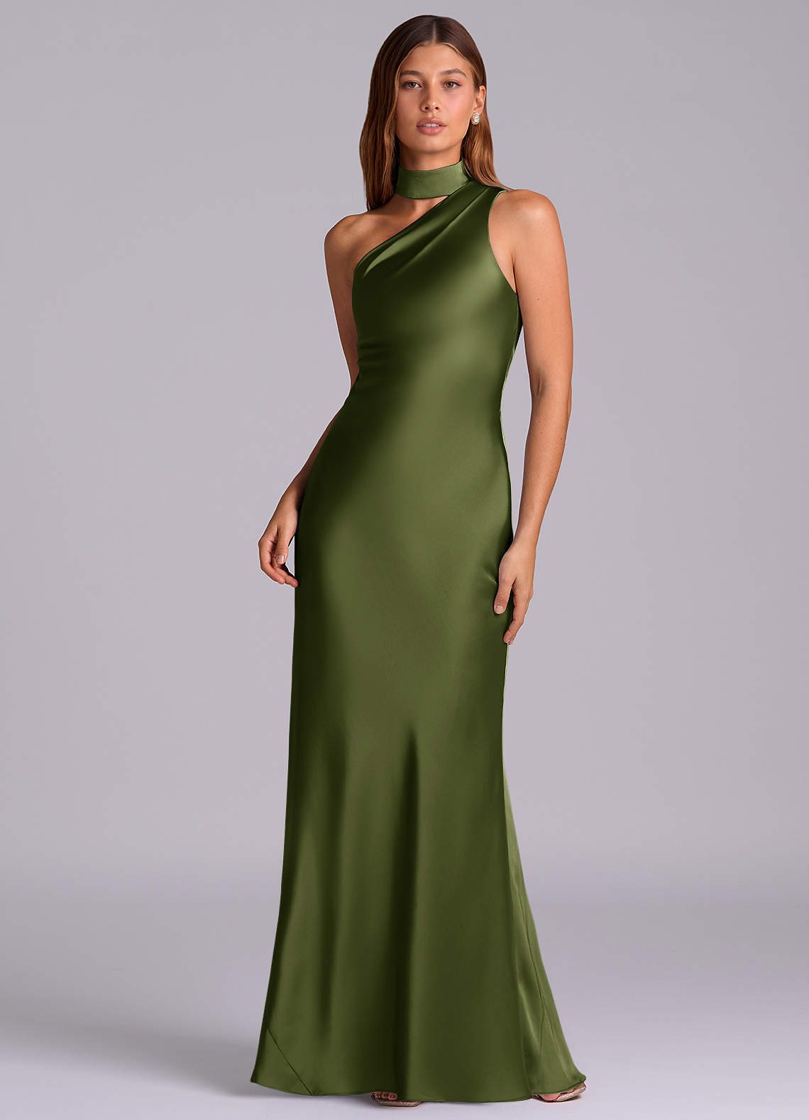 Seona Mermaid One-Shoulder Stretch Satin and Tulle Bridesmaid Dress in Olive
