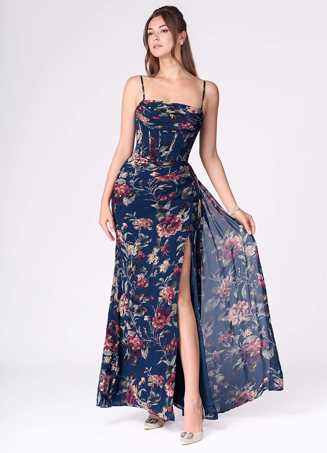 Aurra A-Line Pleated Floral Chiffon Wedding Guest Dress in Navy Multi
