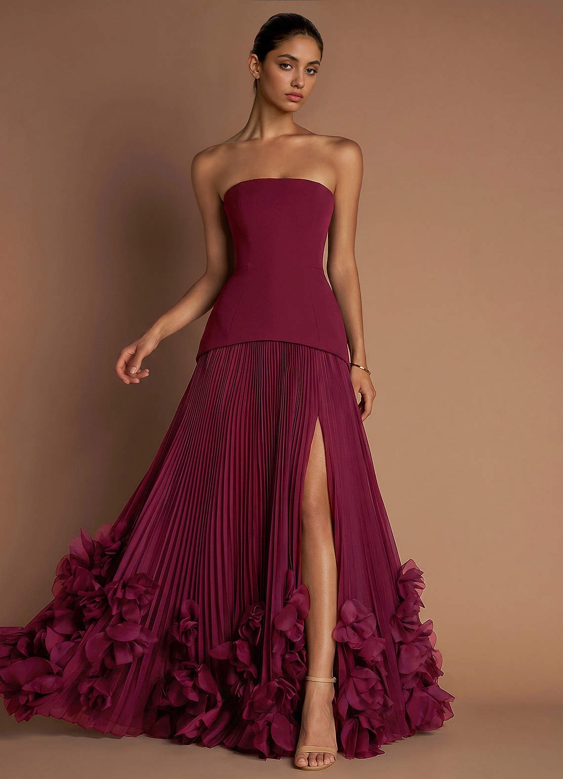 Marnie A-Line Corset Crepe Chiffon Evening Dress in Merlot