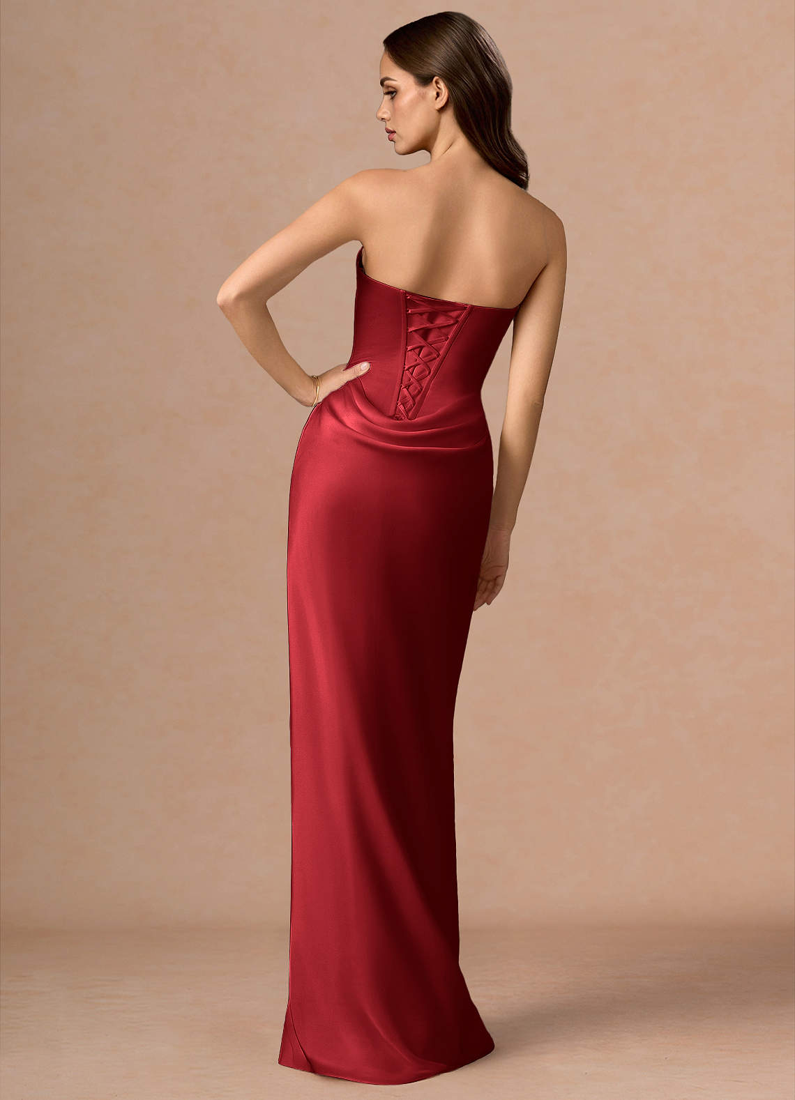 Valencia Scarf Lace-Up Stretch Satin Evening Dress in Cherry Red