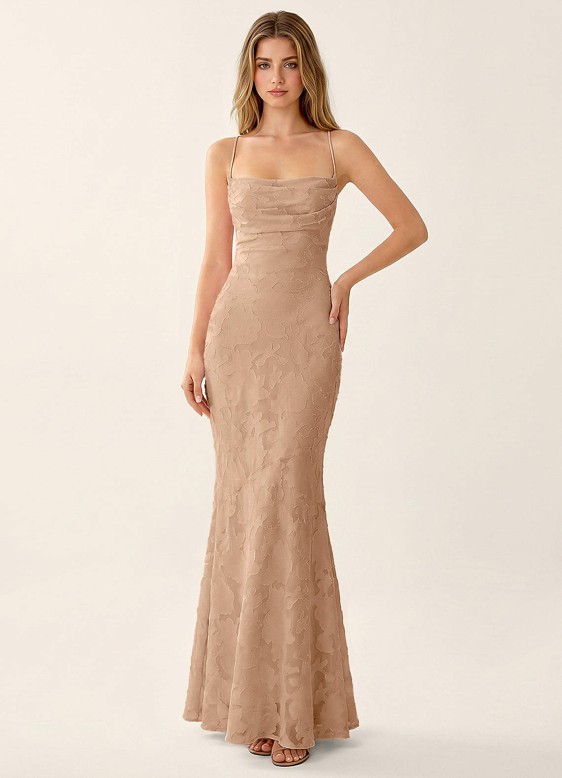 Natasha Mermaid Spaghetti-Strap Floral Burnout Evening Dress in Champagne