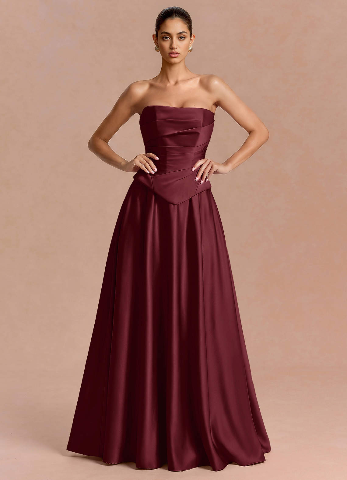 Eponine A-Line Pleated Stretch Satin Evening Dress in Truffle