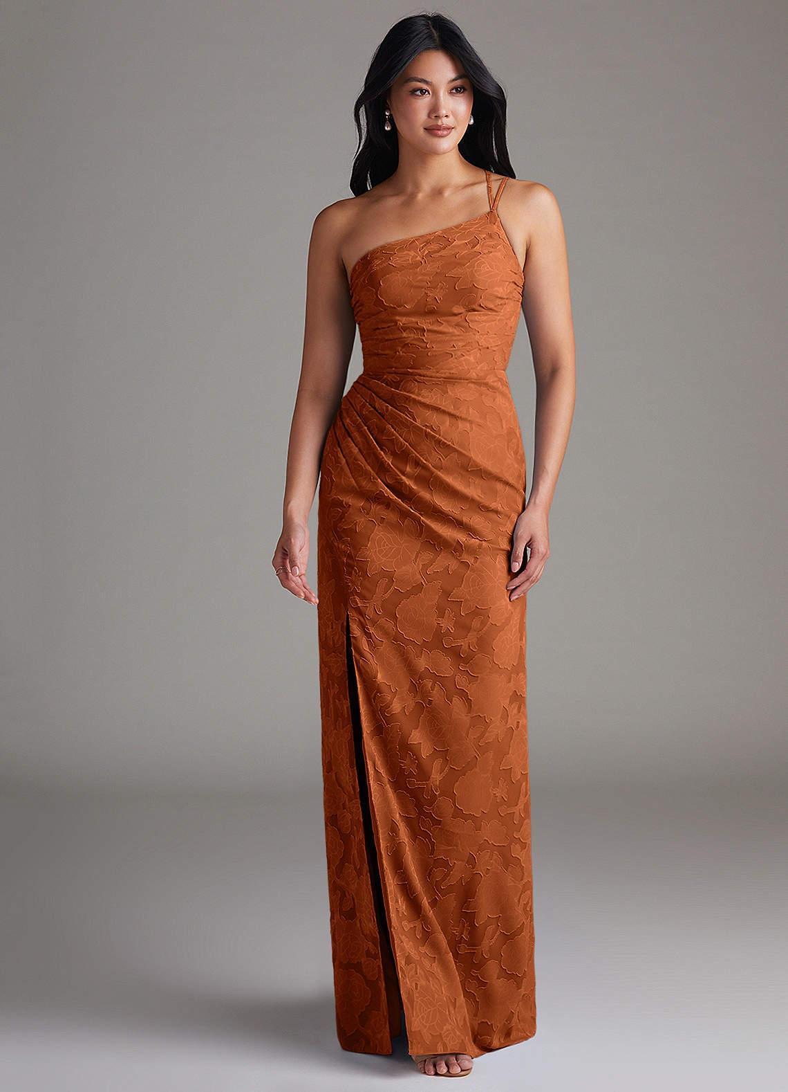 Eren Sheath One-Shoulder Floral Burnout Bridesmaid Dress in Burnt Orange