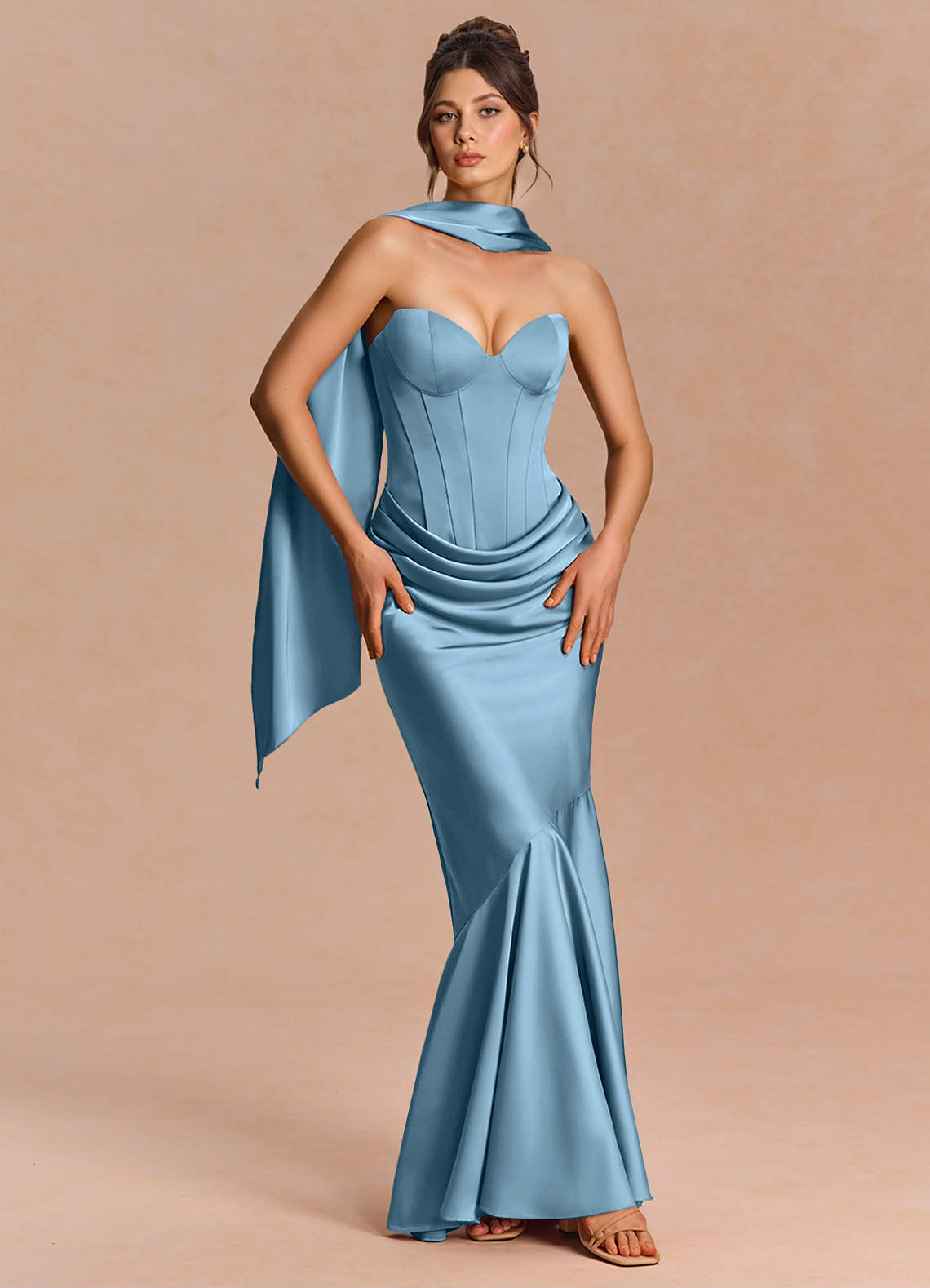Euphemia Mermaid Strapless Stretch Satin Evening Dress in Steel Blue