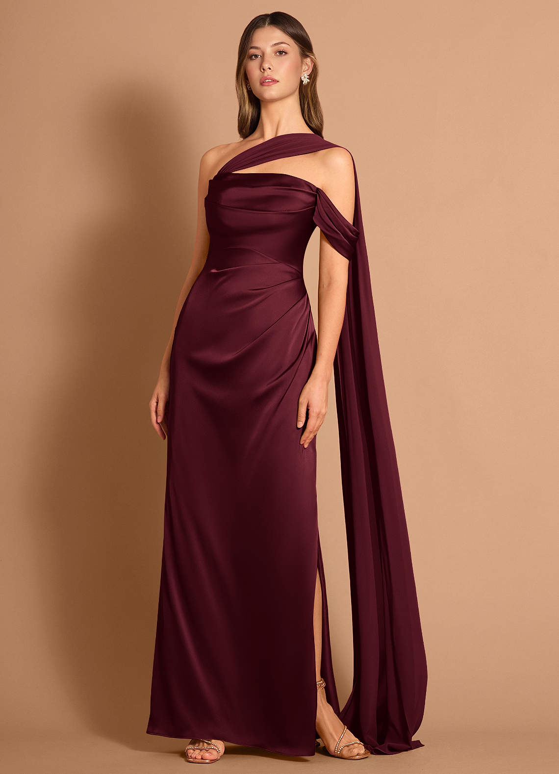 Meliora Asymmetric Strapless Chiffon-Drape Stretch Satin Evening Dress in Wine