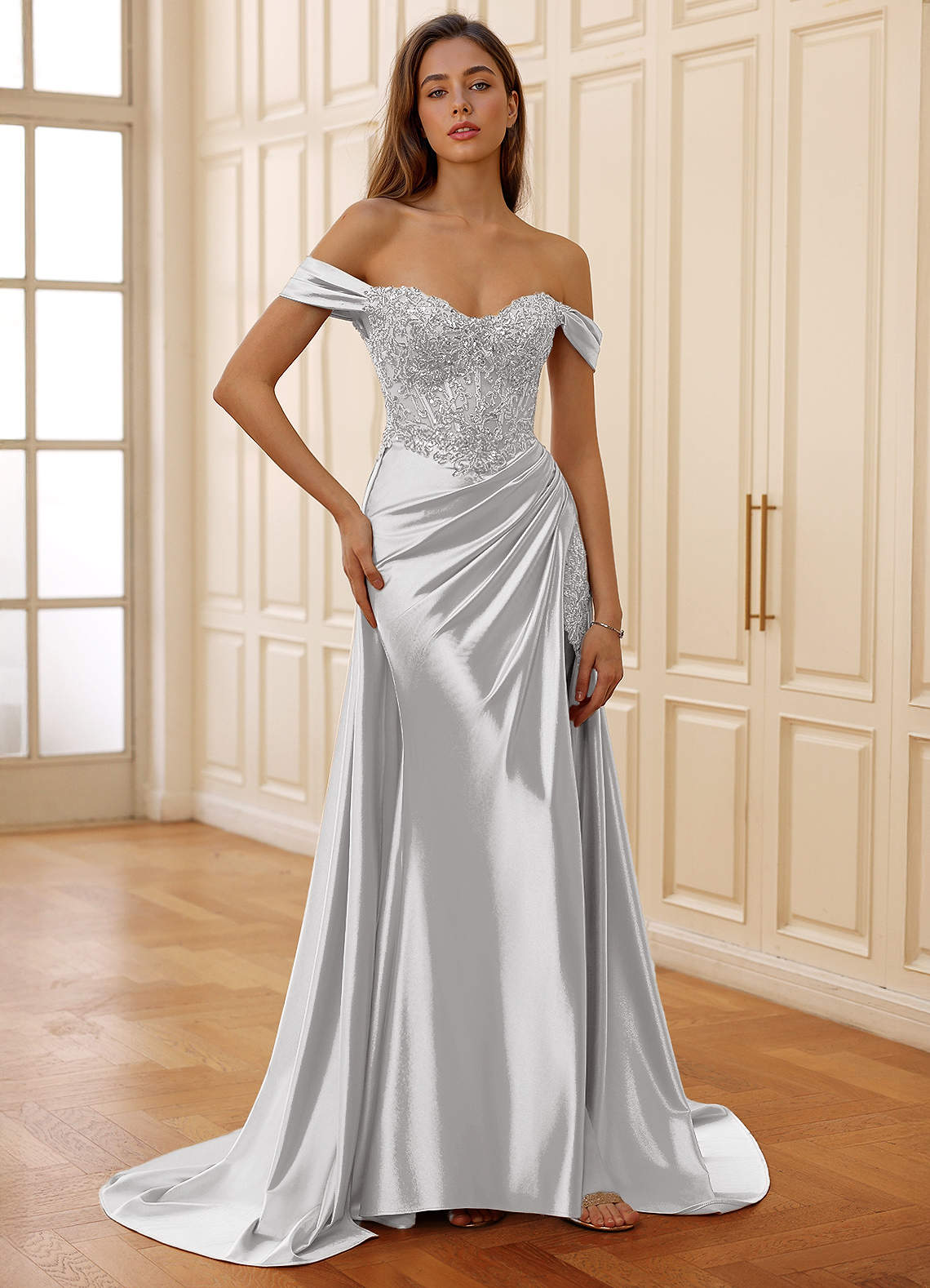 Rowane A-Line Off-the-Shoulder Satin Evening Dress in Plum