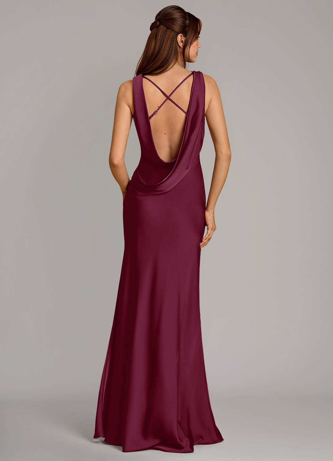 Cheryl Mermaid Cowl-Neck Stretch Satin Bridesmaid Dress in Mulberry