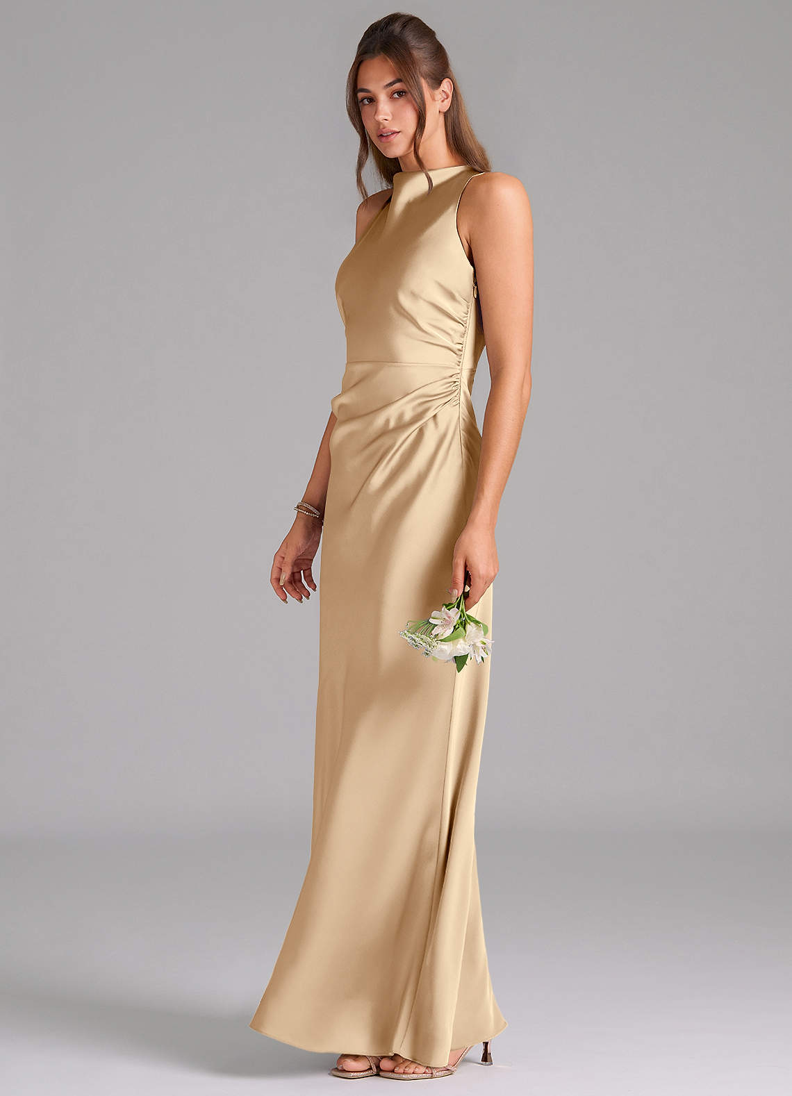 Evadne Sheath Scoop-Neck Stretch Satin Bridesmaid Dress in Champagne