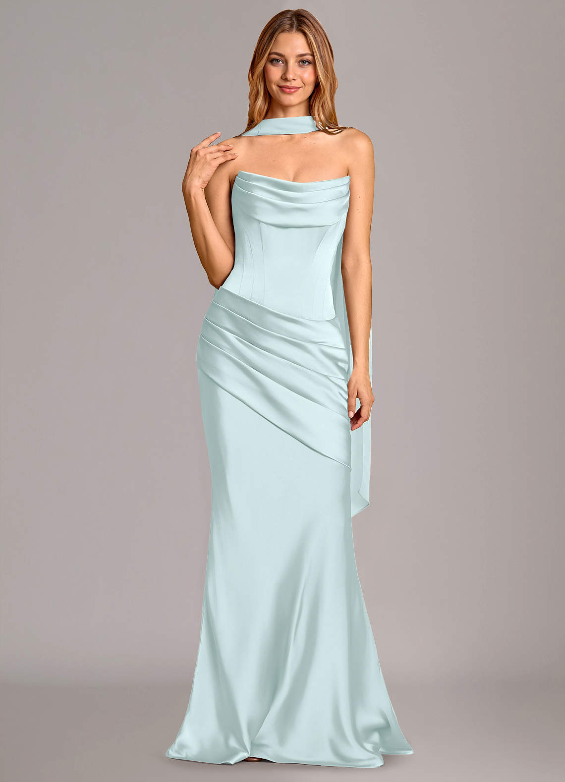 Pelagia Mermaid Cowl-Neck Stretch Satin Bridesmaid Dress in Sea Glass