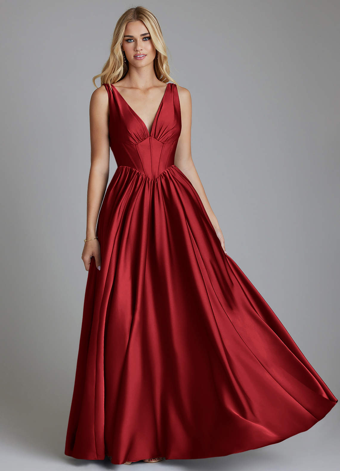 Delmie A-Line V-Neck Stretch Satin Bridesmaid Dress in Scarlet