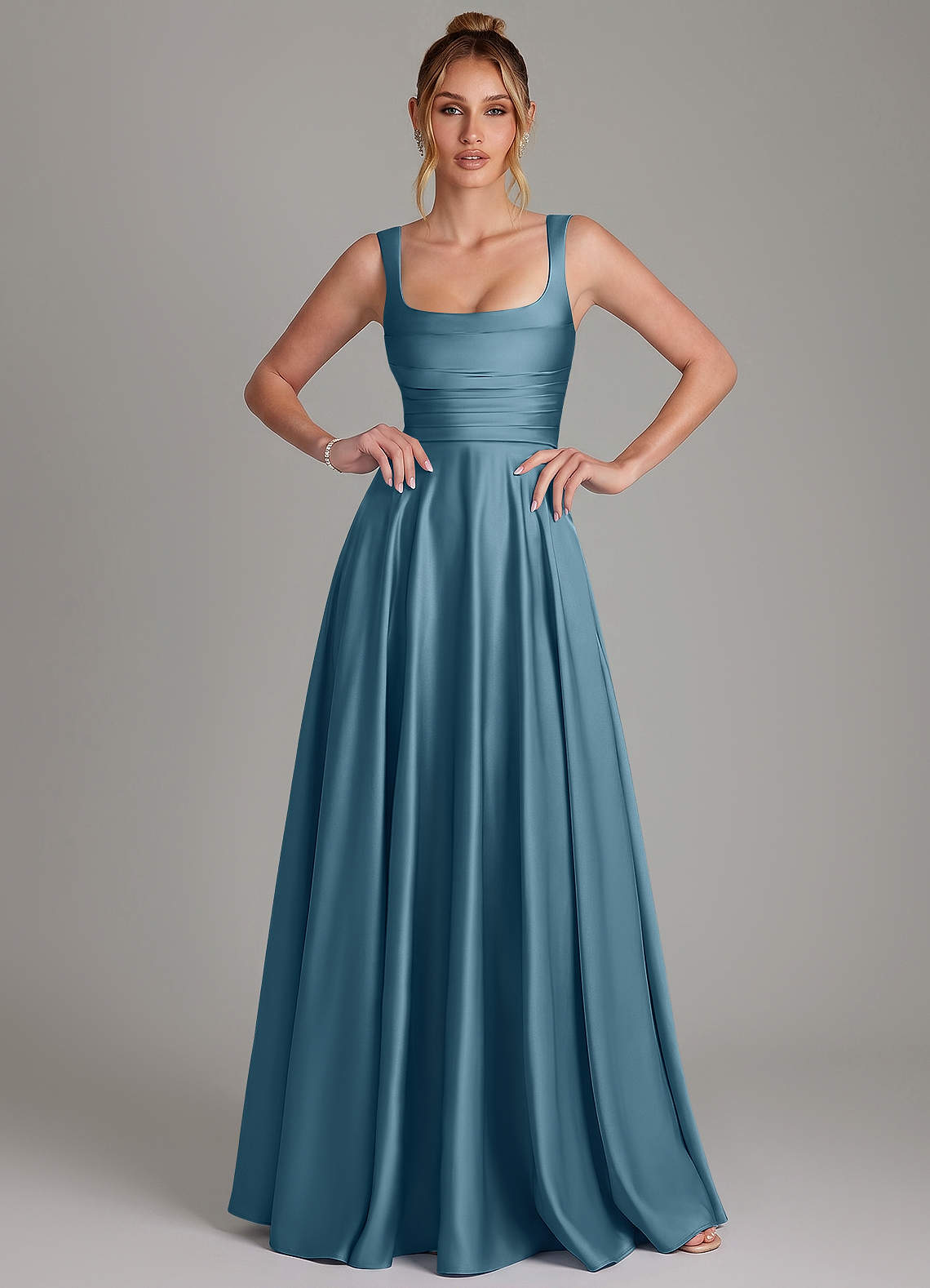 Azaria A-Line Square-Neck Stretch Satin Bridesmaid Dress in Bermuda