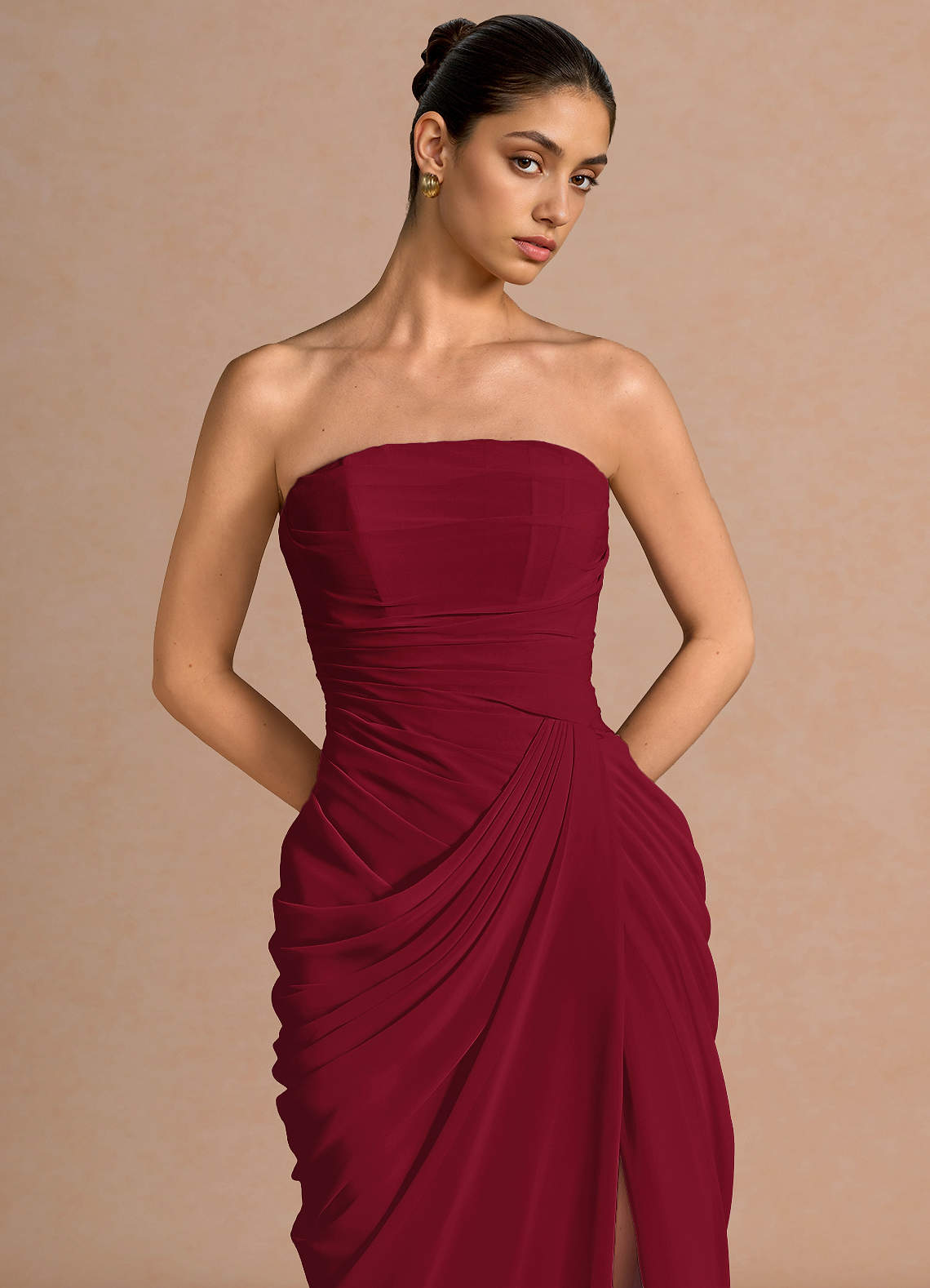 Kaavia Column Pleated Chiffon Midi Evening Dress in Merlot