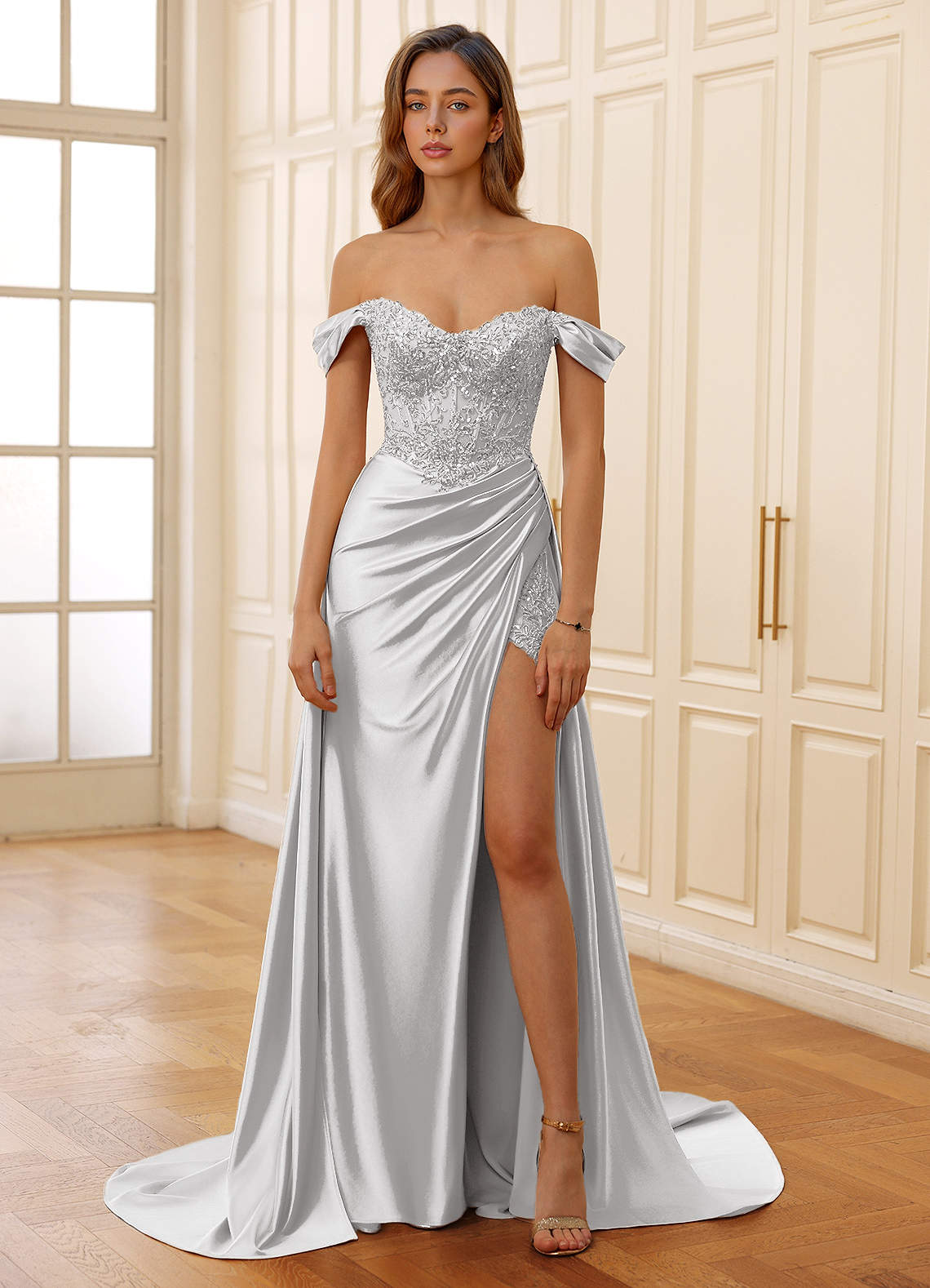 Rowane A-Line Off-the-Shoulder Satin Evening Dress in Silver