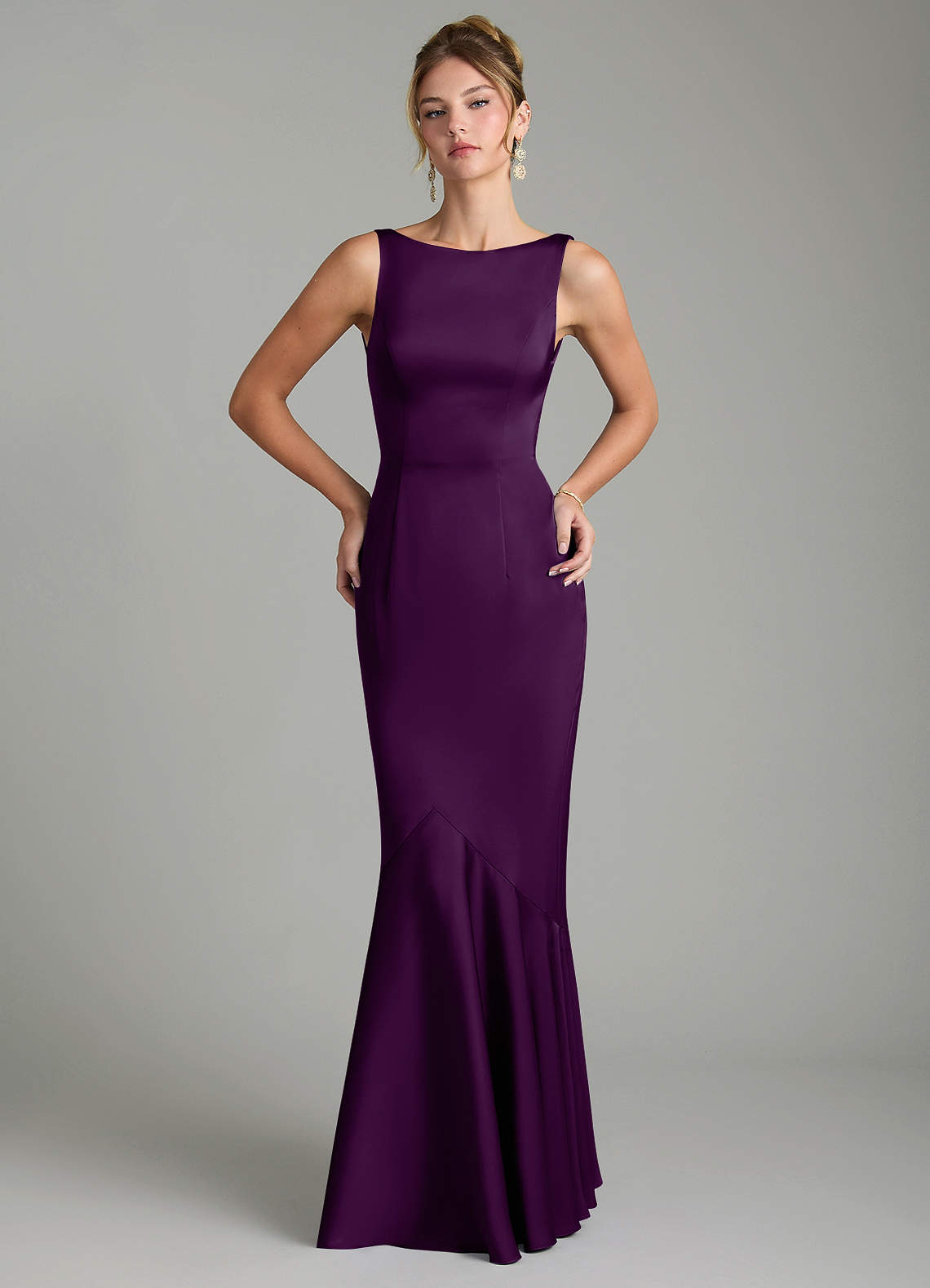 Tamera Mermaid Boat-Neck Stretch Satin and Chiffon Bridesmaid Dress in Grape