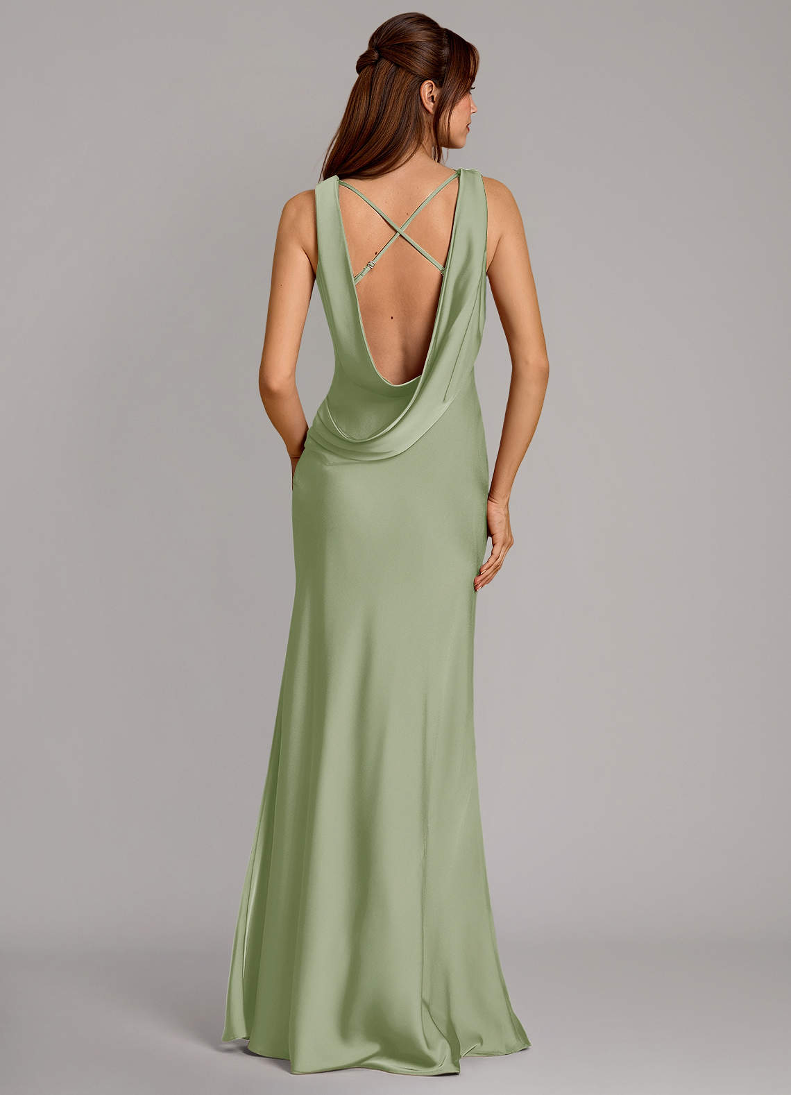 Cheryl Mermaid Cowl-Neck Stretch Satin Bridesmaid Dress in Dusty Sage