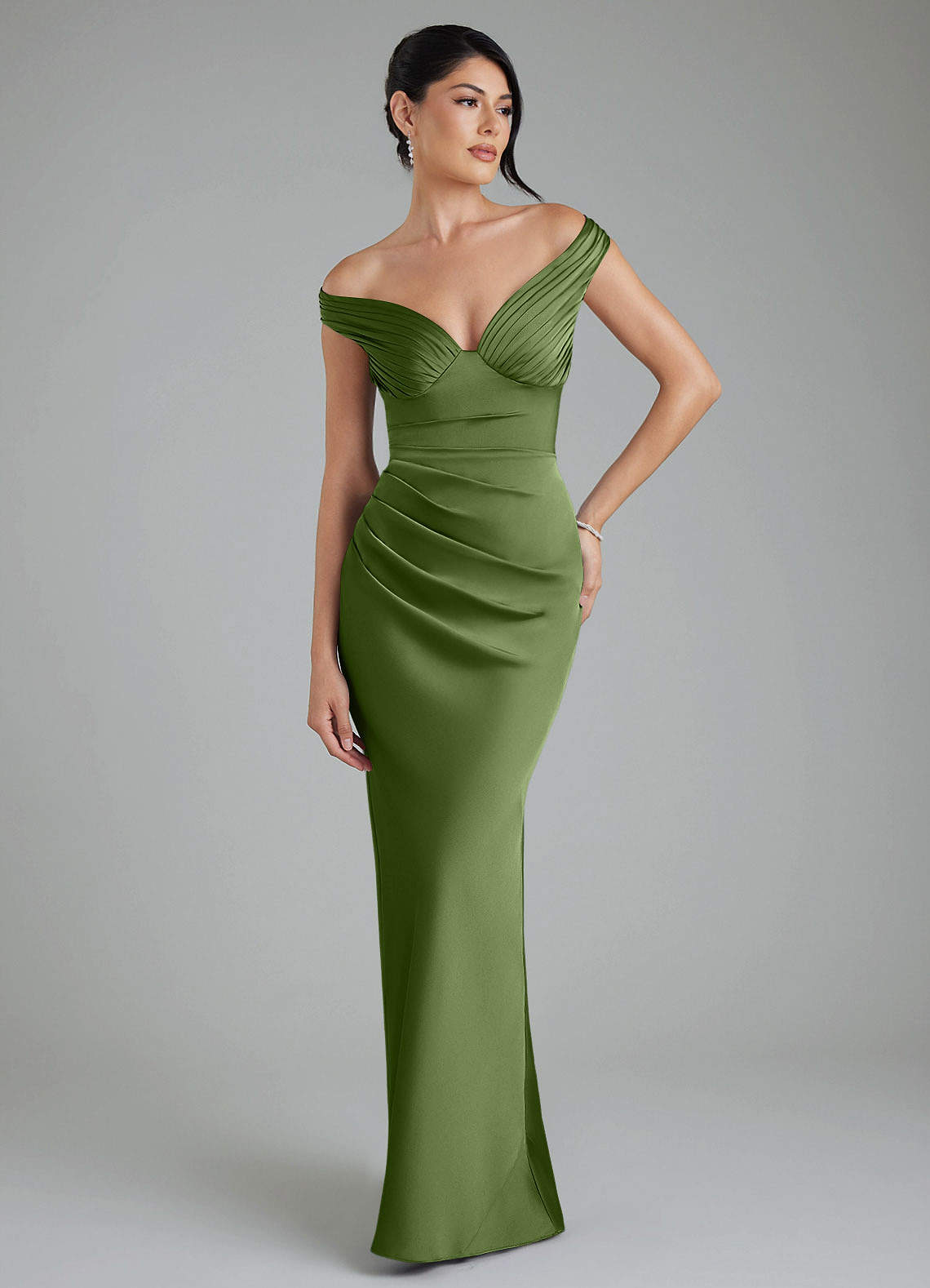 Stella Sheath V-Neck Stretch Satin Bridesmaid Dress in Juniper