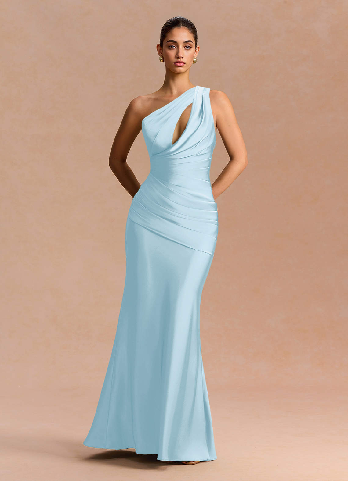 Guinevere One-Shoulder Cutout Stretch Satin Evening Dress in Dusty Blue