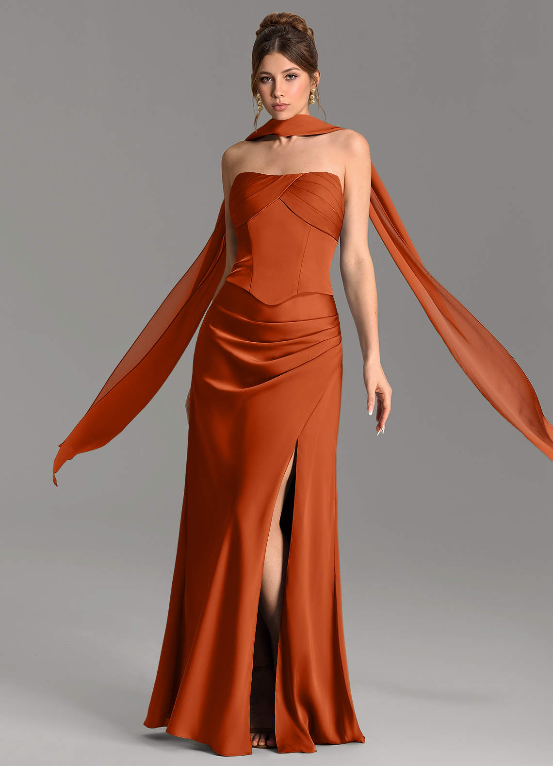 Nicki Sheath Scoop-Neck Stretch Satin Bridesmaid Dress in Burnt Orange