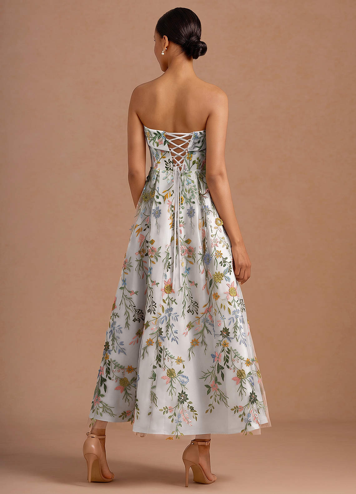 Evangeline Strapless Corset Floral Lace Evening Dress in White