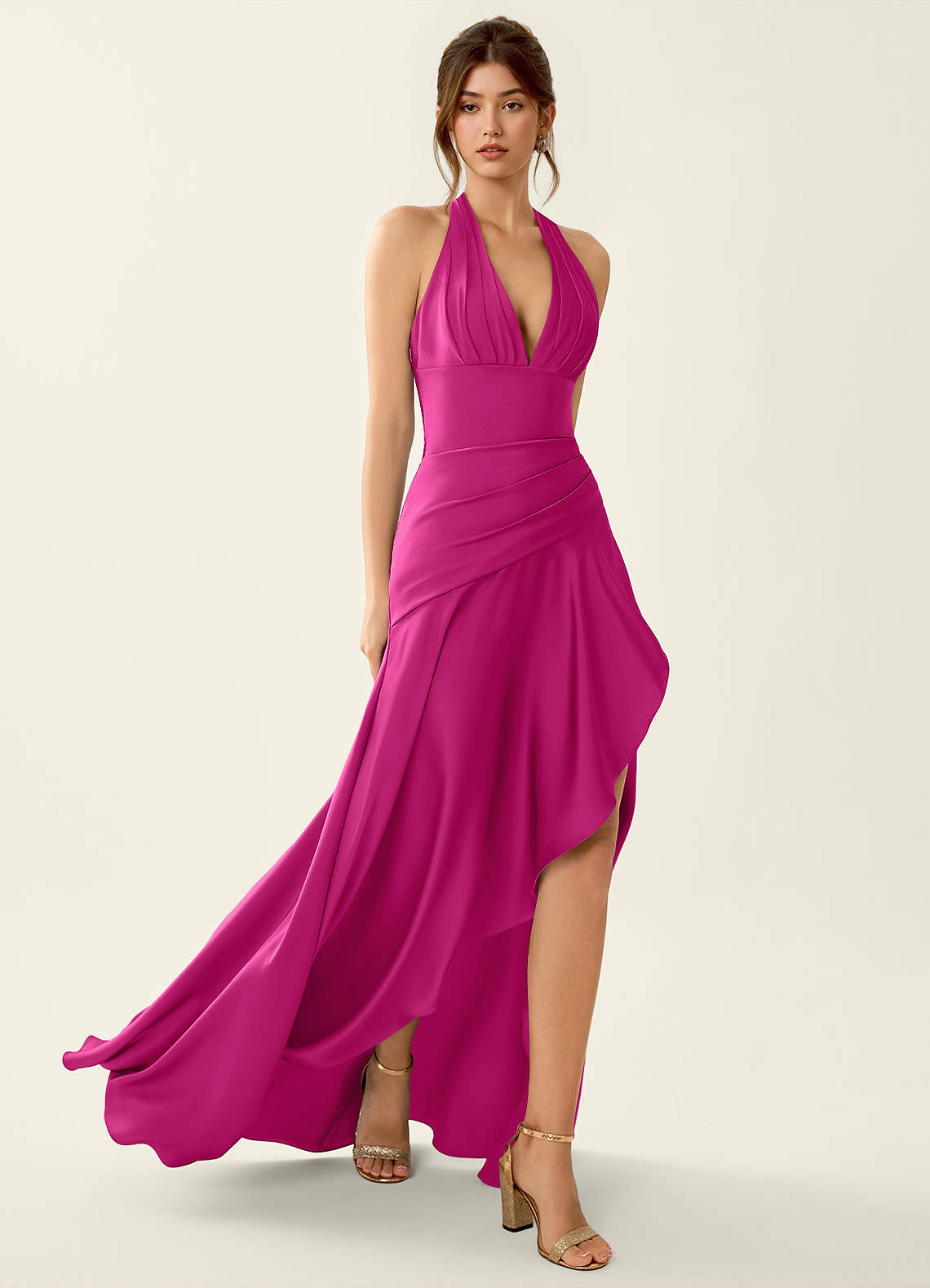 Titania Halter Asymmetric-Ruffle Satin Evening Dress in Hot Pink