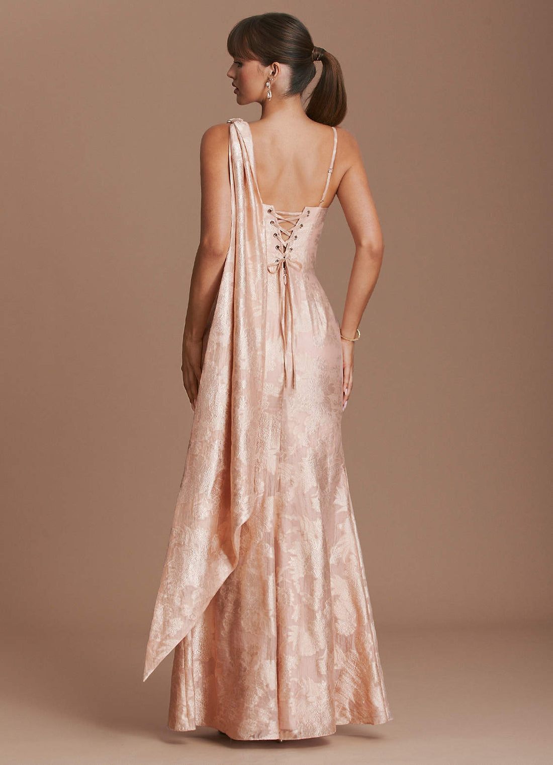 Clea Mermaid Cowl-Neck Floral Burnout Evening Dress in Apricot Blush