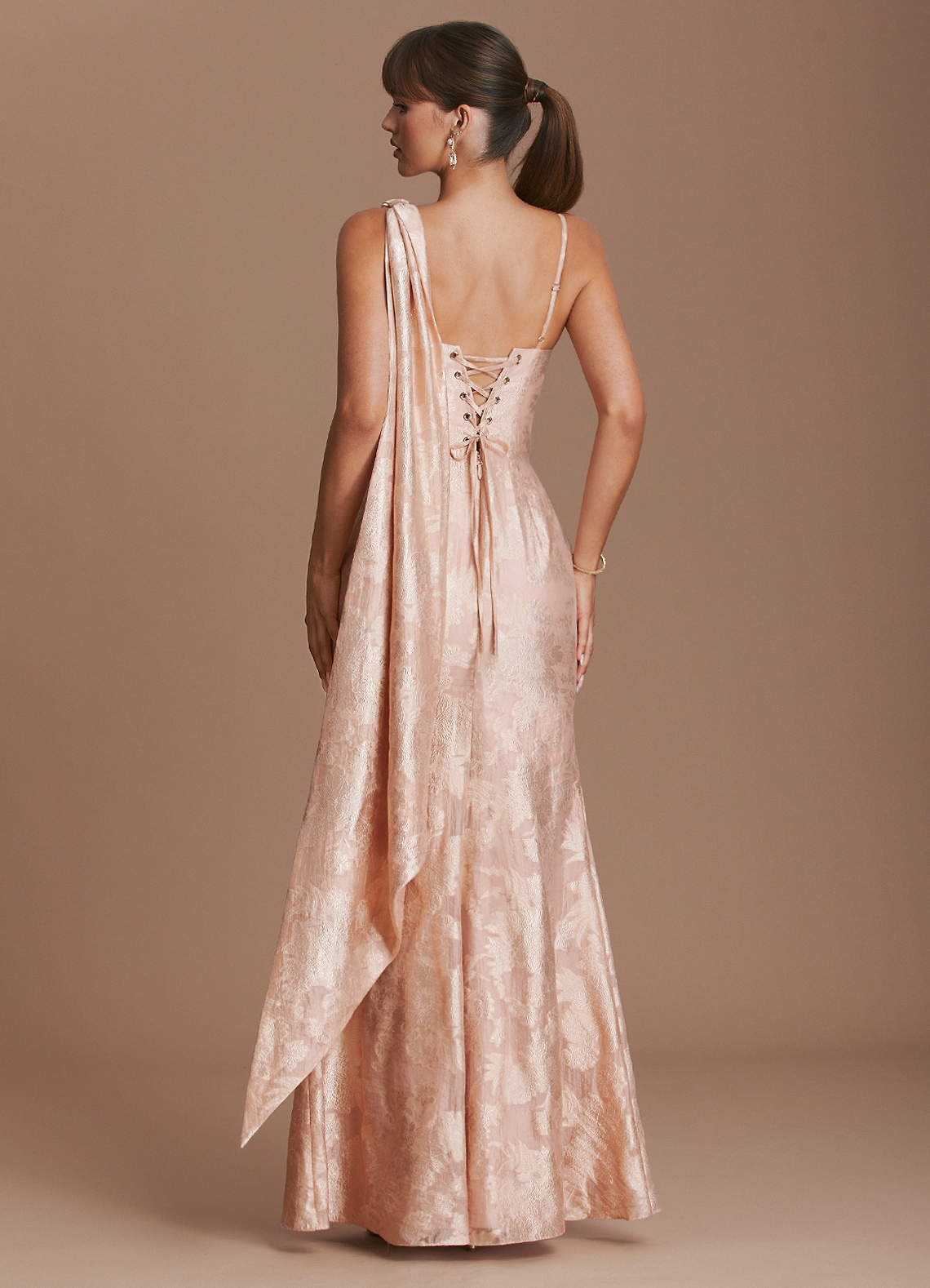 Clea Mermaid Cowl-Neck Floral Burnout Evening Dress in Apricot Blush