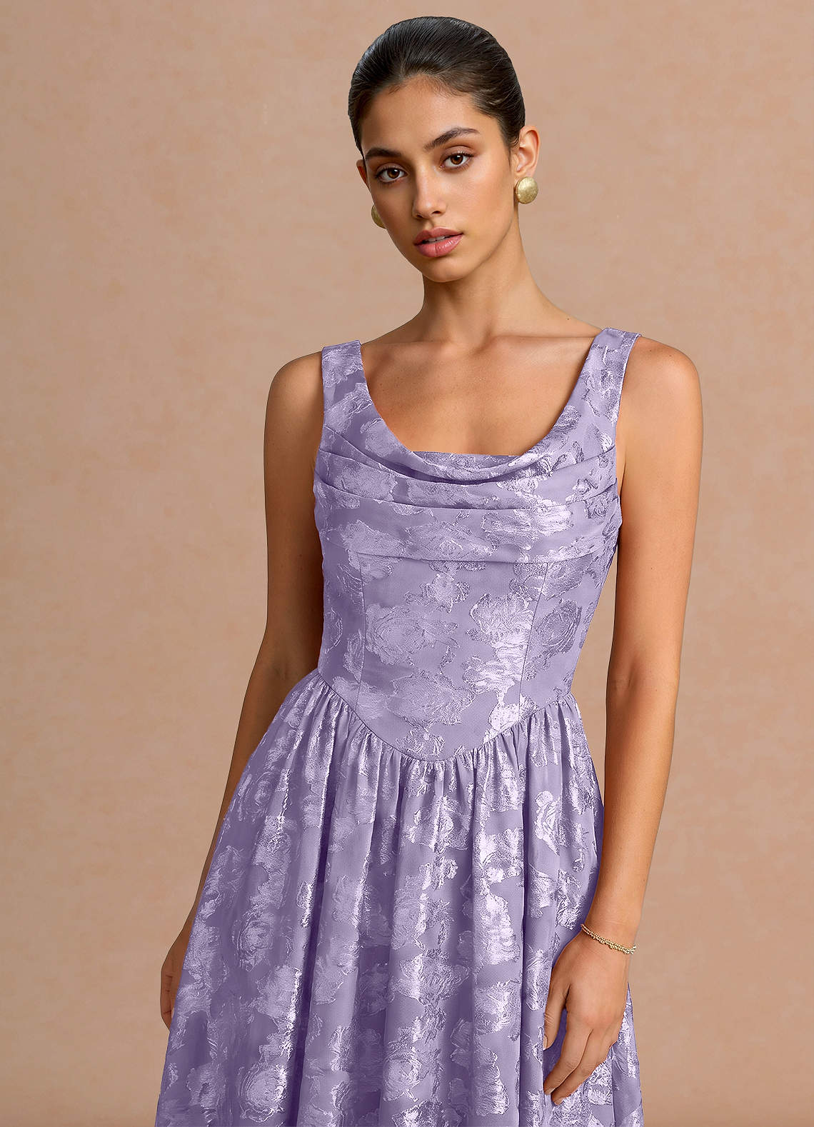 Novi A-Line Draped-Neck Floral Fil Coupé Evening Dress in Lilac