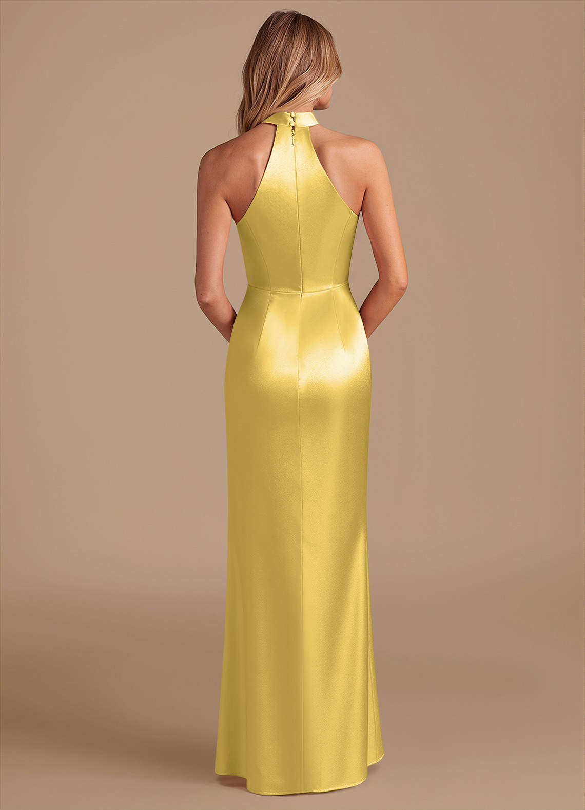 Karlotta Sheath Halter-Neck Metallic Satin Bridesmaid Dress in Canary