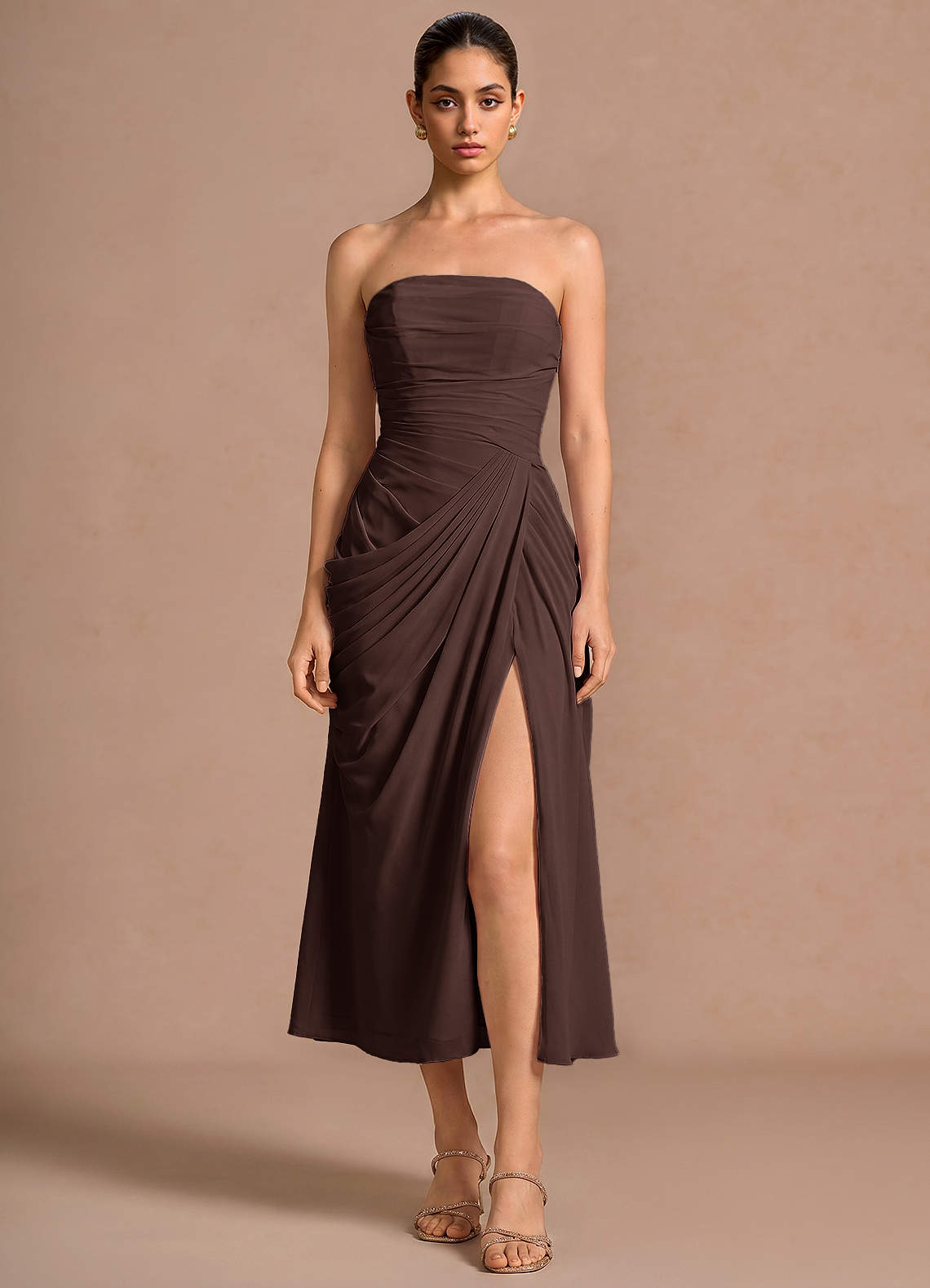 Kaavia Column Pleated Chiffon Midi Evening Dress in Truffle