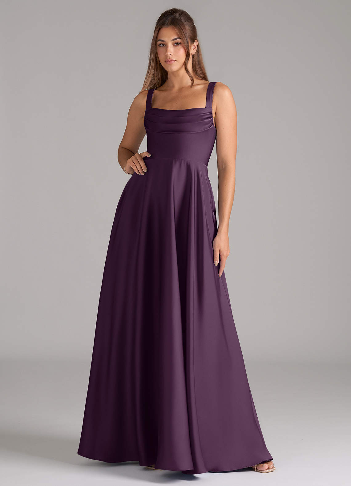 Shaude A-Line Square-Neck Stretch Satin Bridesmaid Dress in Plum