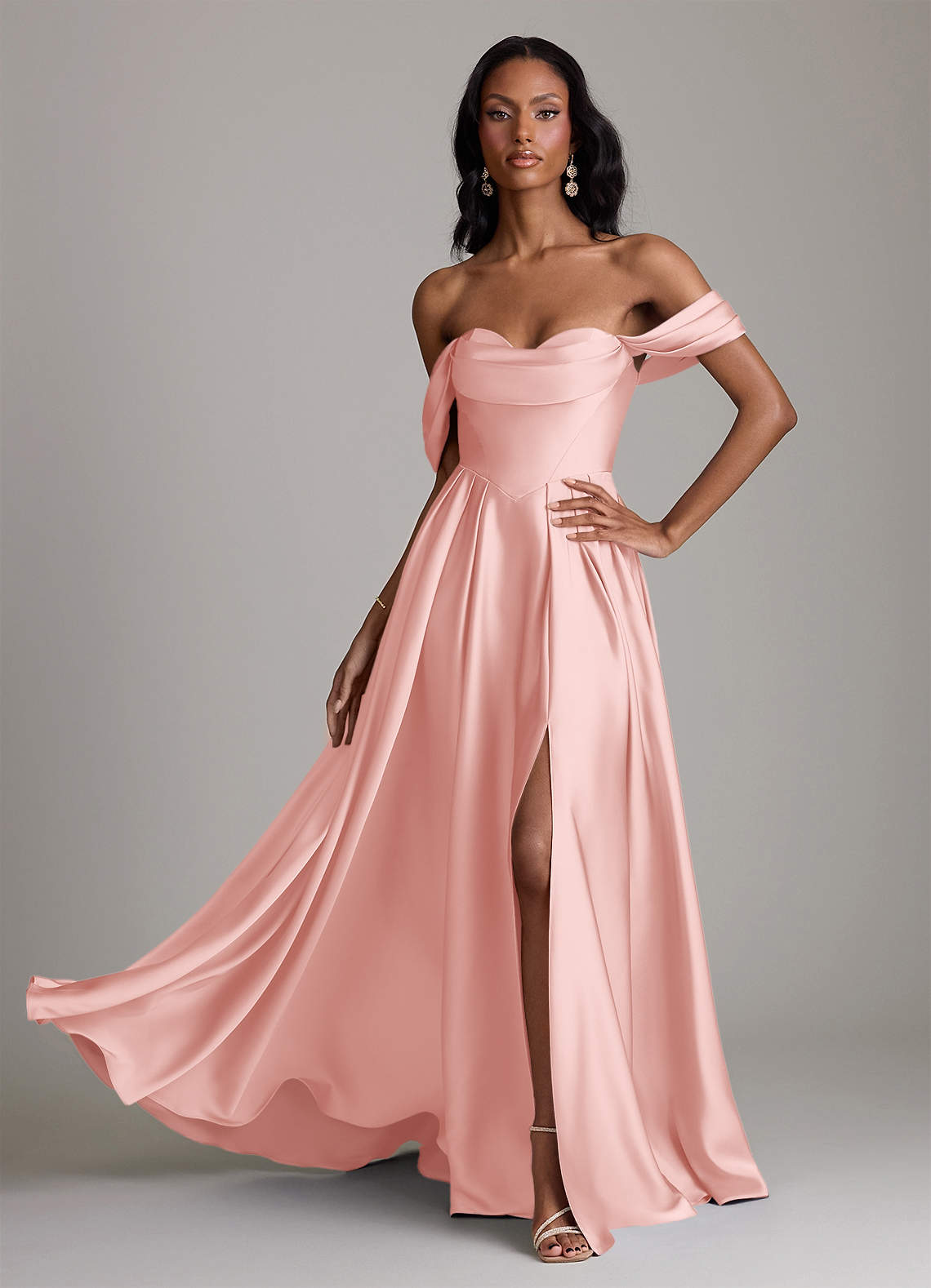 Loisa A-Line Off-the-Shoulder Stretch Satin Bridesmaid Dress in Powder Pink