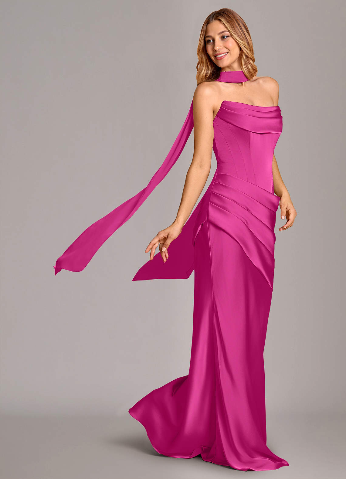 Pelagia Mermaid Cowl-Neck Stretch Satin Bridesmaid Dress in Fuchsia