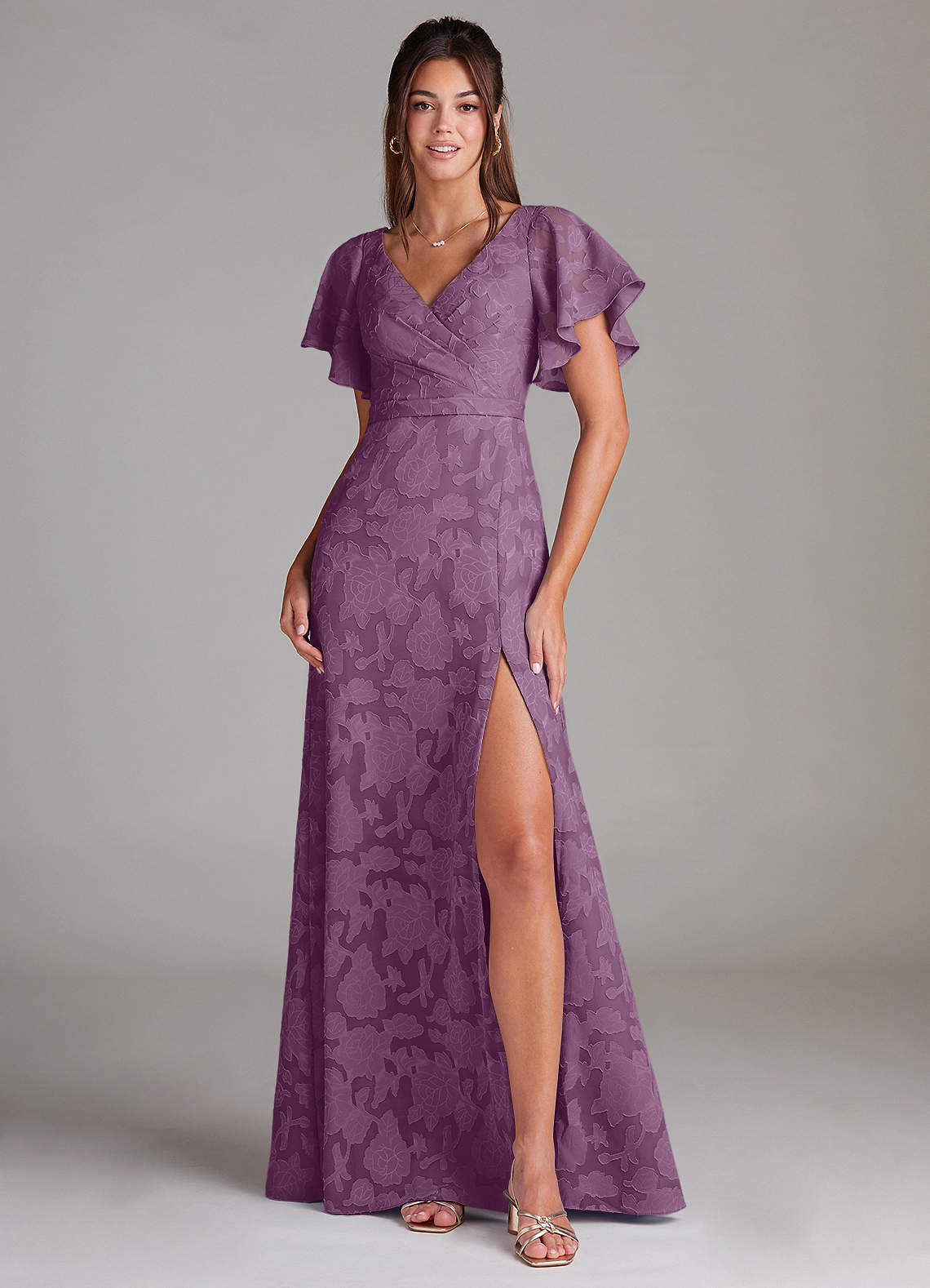 Ambrosia A-Line V-Neck Floral Burnout Bridesmaid Dress in Wisteria